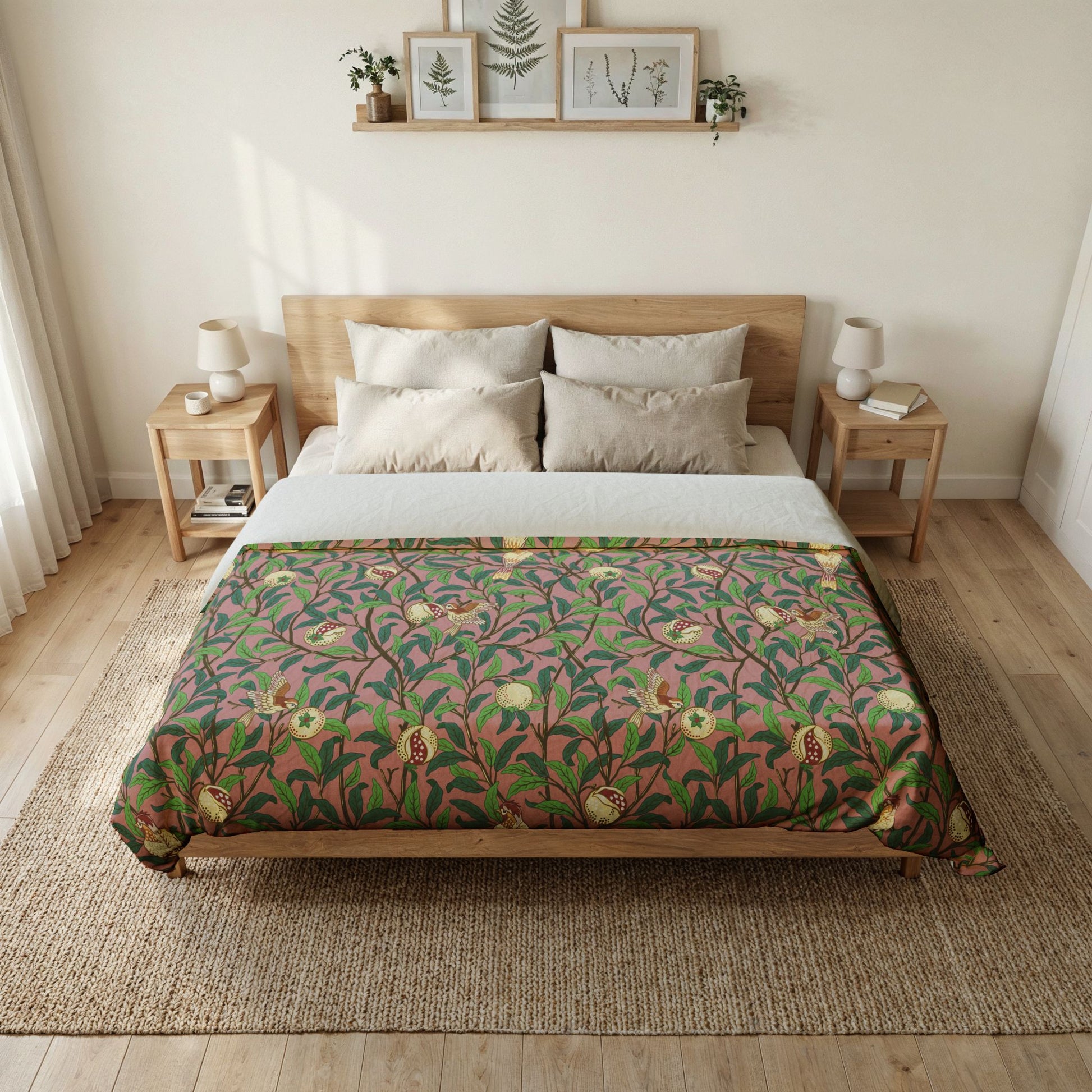 Bedroom with a bed featuring a green floral patterned comforter, wooden headboard, and side tables.