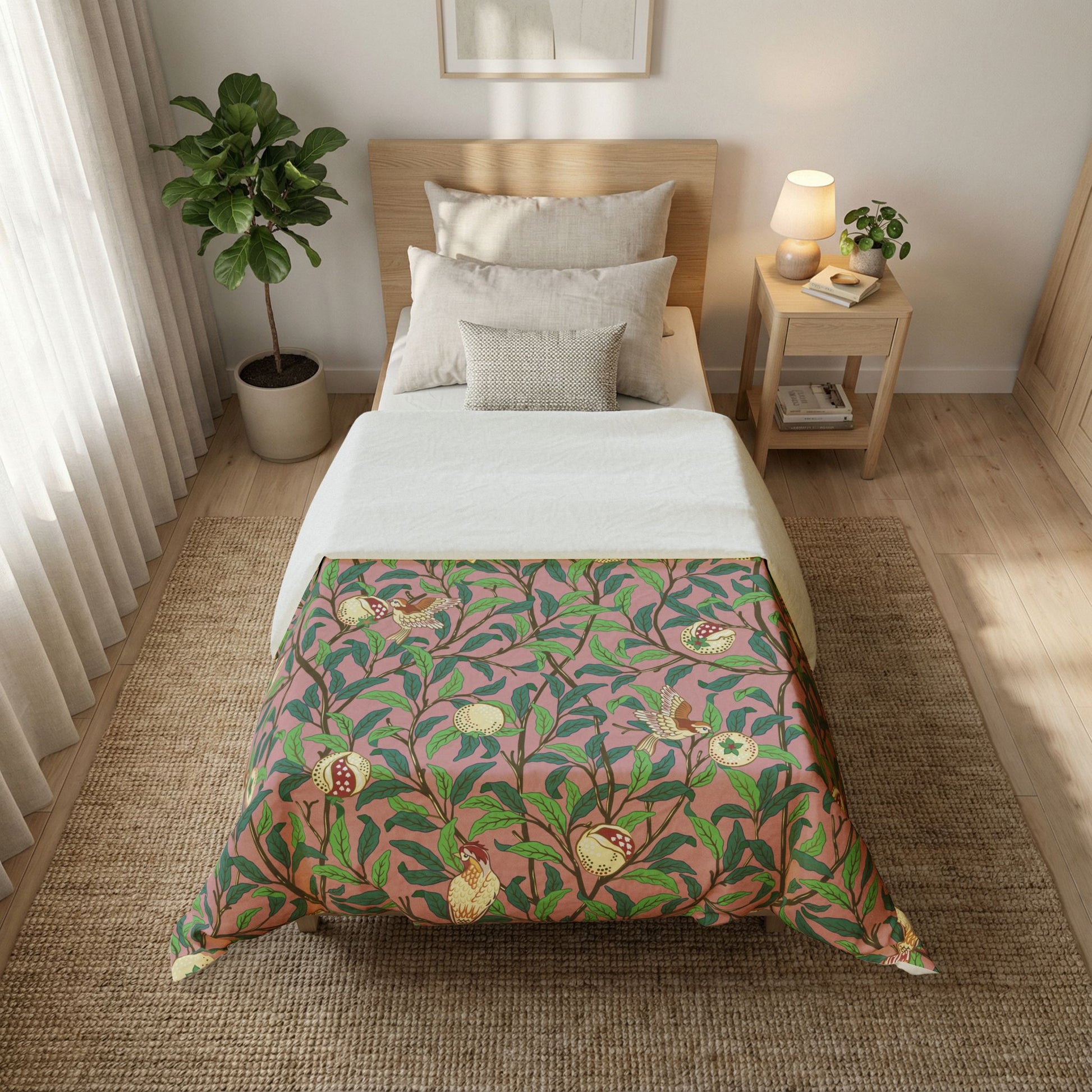 Bedroom with a bed featuring a floral patterned duvet cover, nightstand, and plant.