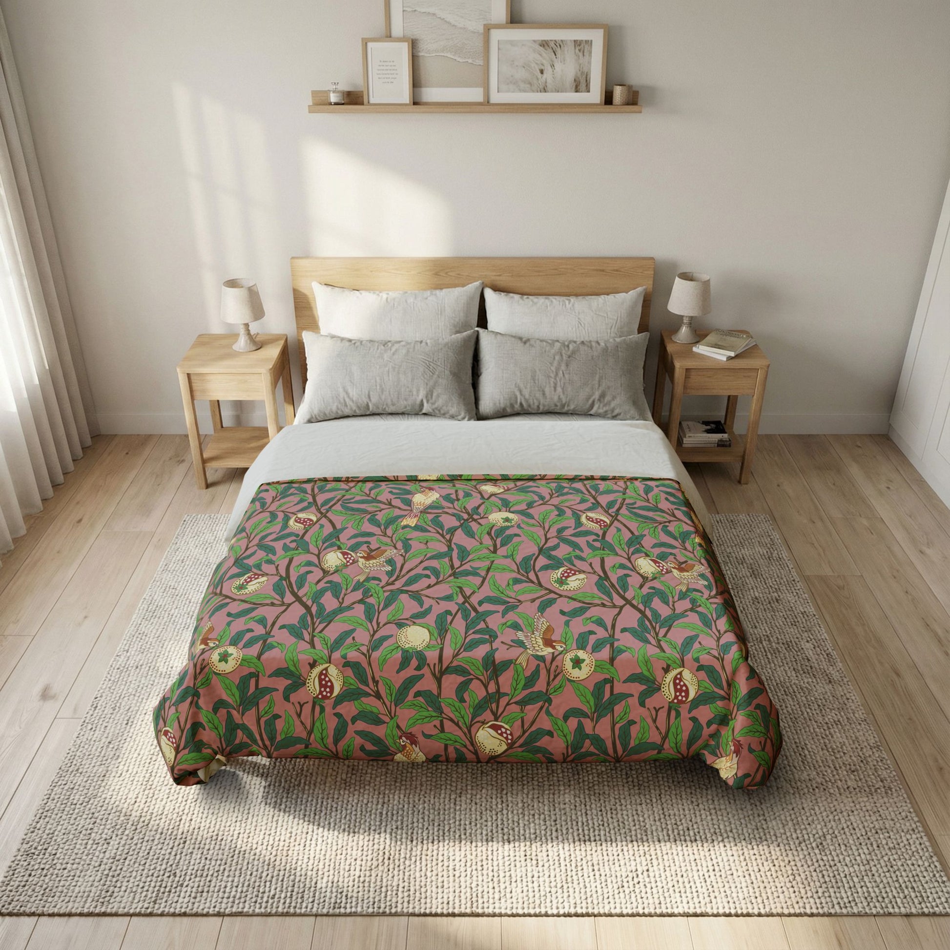 Bedroom with a bed featuring a floral patterned comforter, wooden headboard, and nightstands.