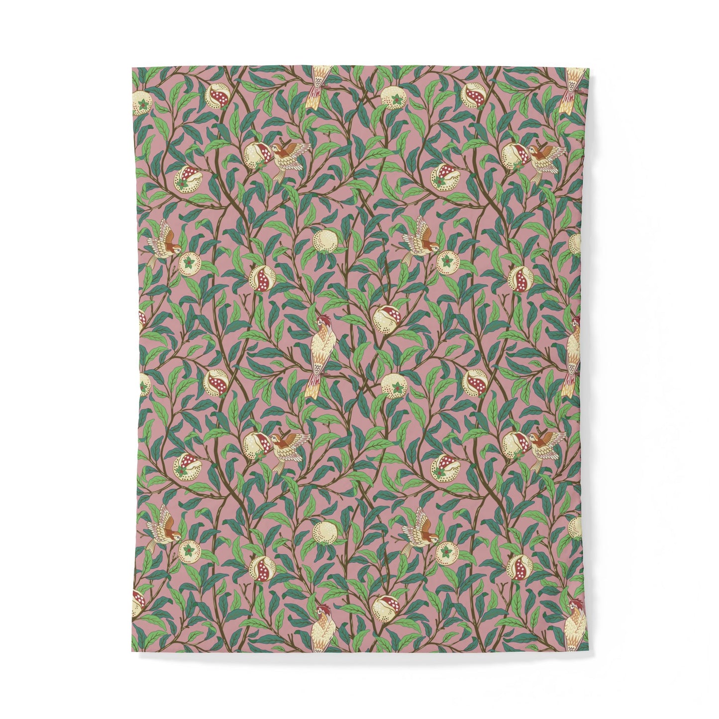 Patterned cotton duvet cover with floral and bird design on a pink background