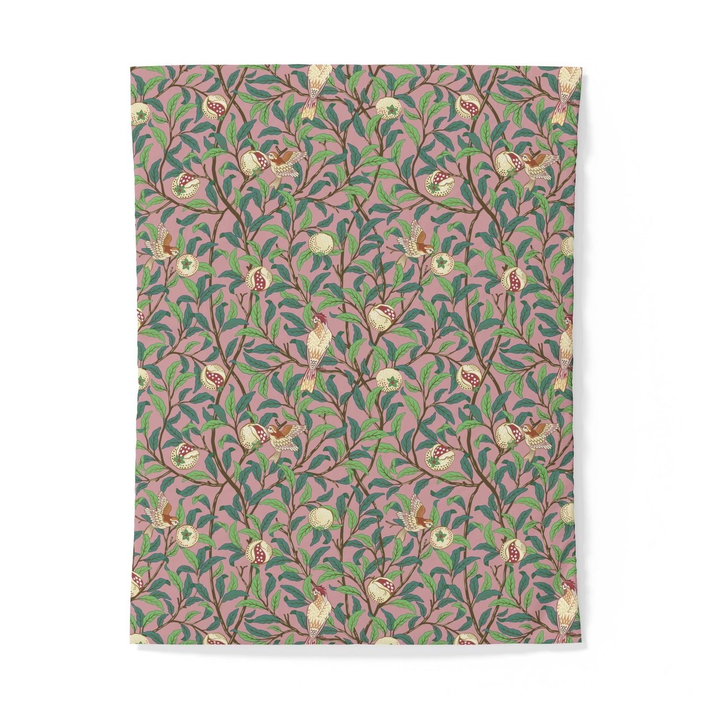 Patterned cotton duvet cover with floral and bird design on a pink background