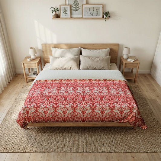 Bedroom with a bed featuring a red and white patterned comforter, wooden headboard, and side tables.