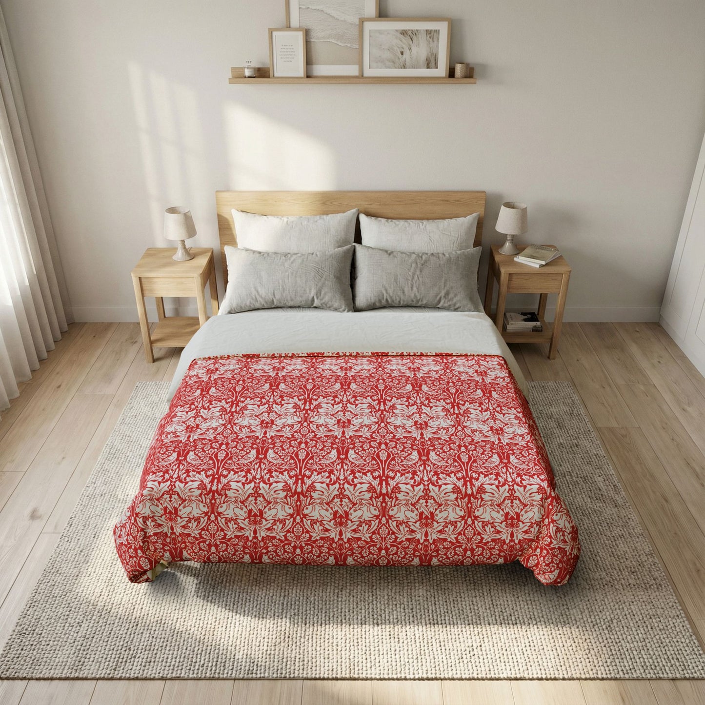 Bedroom with a bed featuring a red and white patterned comforter, wooden headboard, and nightstands.
