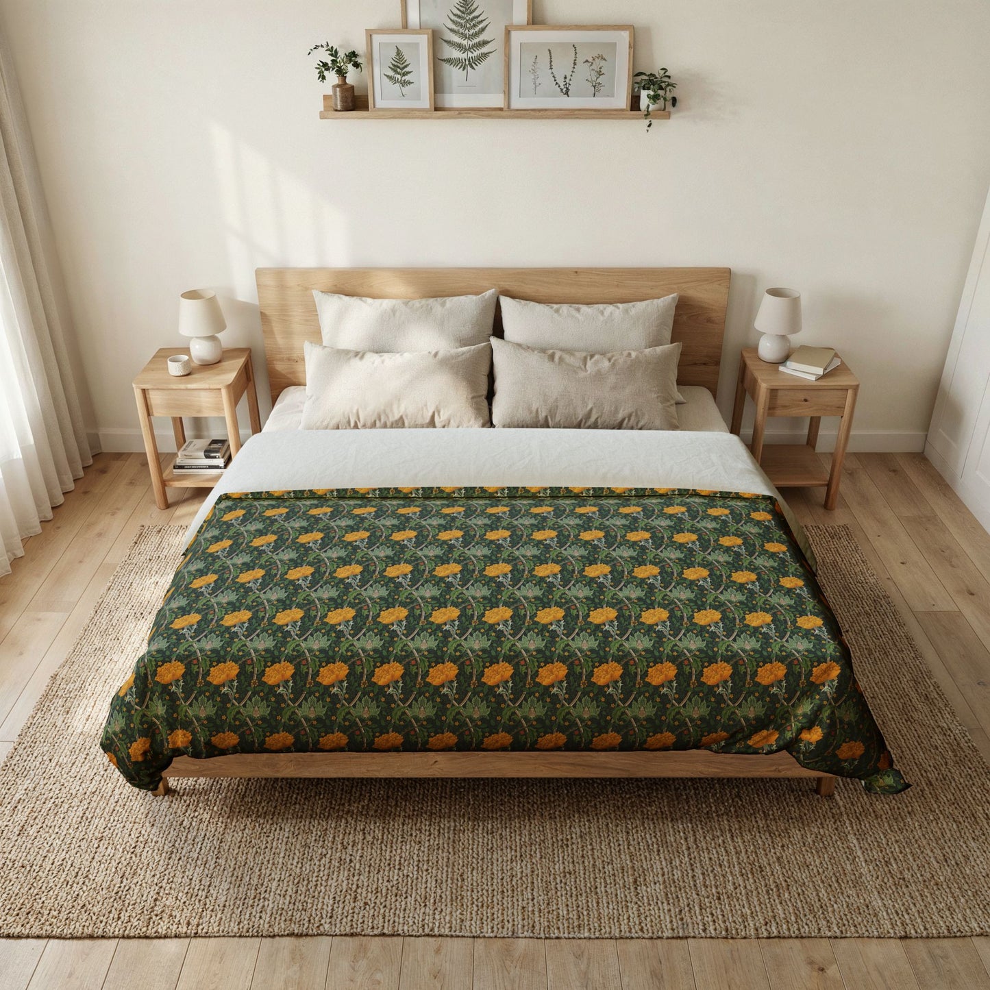 A neatly made bed in a bright, minimalist bedroom, featuring a dark green floral patterned comforter with orange flowers and a white sheet, set against a light wood bed frame.