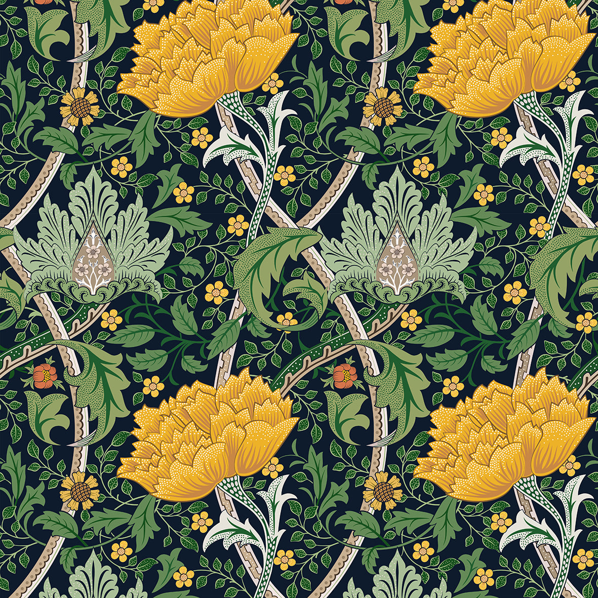 Patterned fabric with yellow flowers and green leaves on a dark background