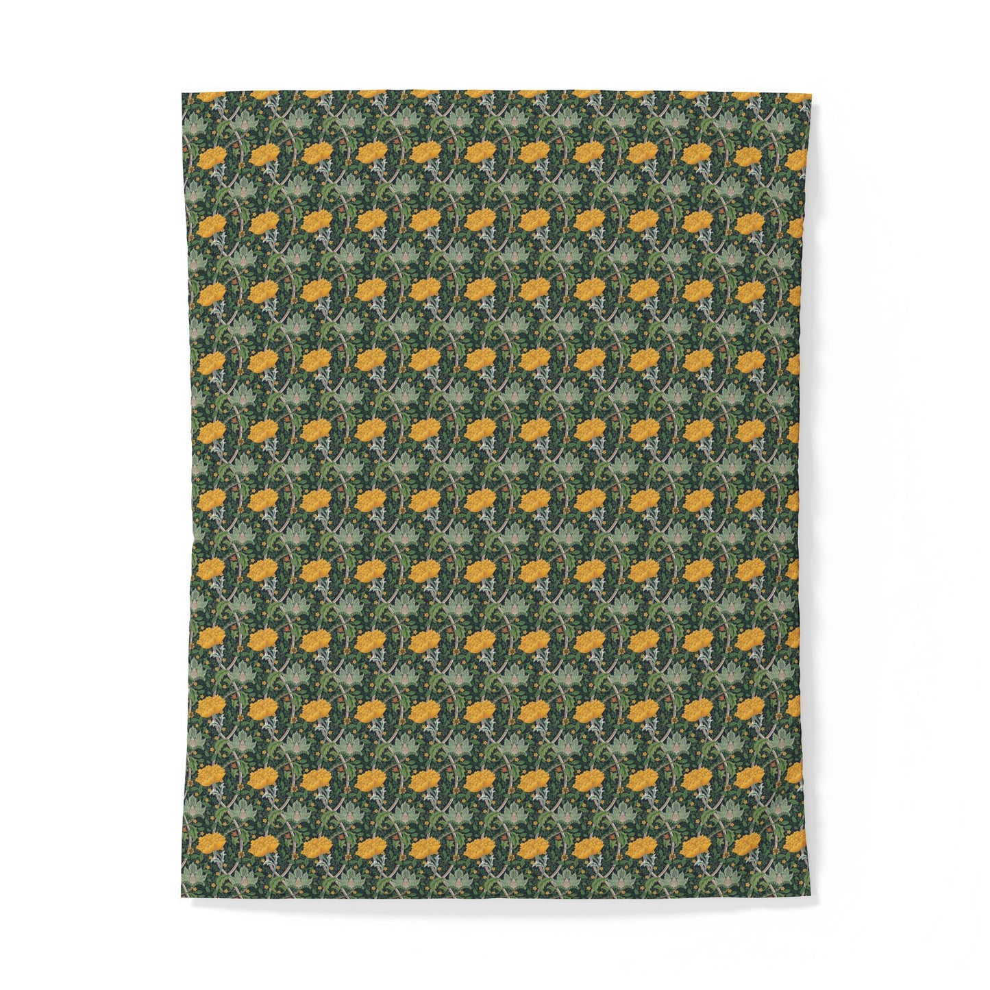 A rectangular textile or fabric sample with a repeating floral pattern in yellow-orange and muted green on a dark green background, shown flat against a white studio background.