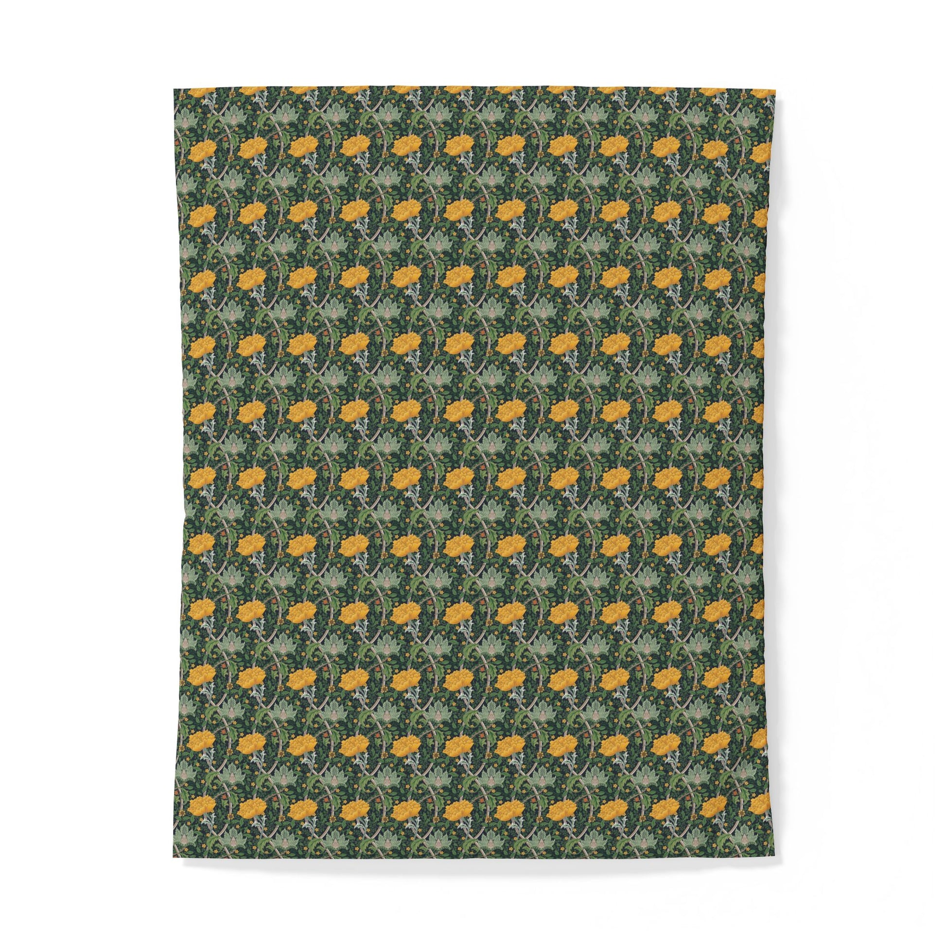 A rectangular textile or fabric sample with a repeating floral pattern in yellow-orange and muted green on a dark green background, shown flat against a white studio background.