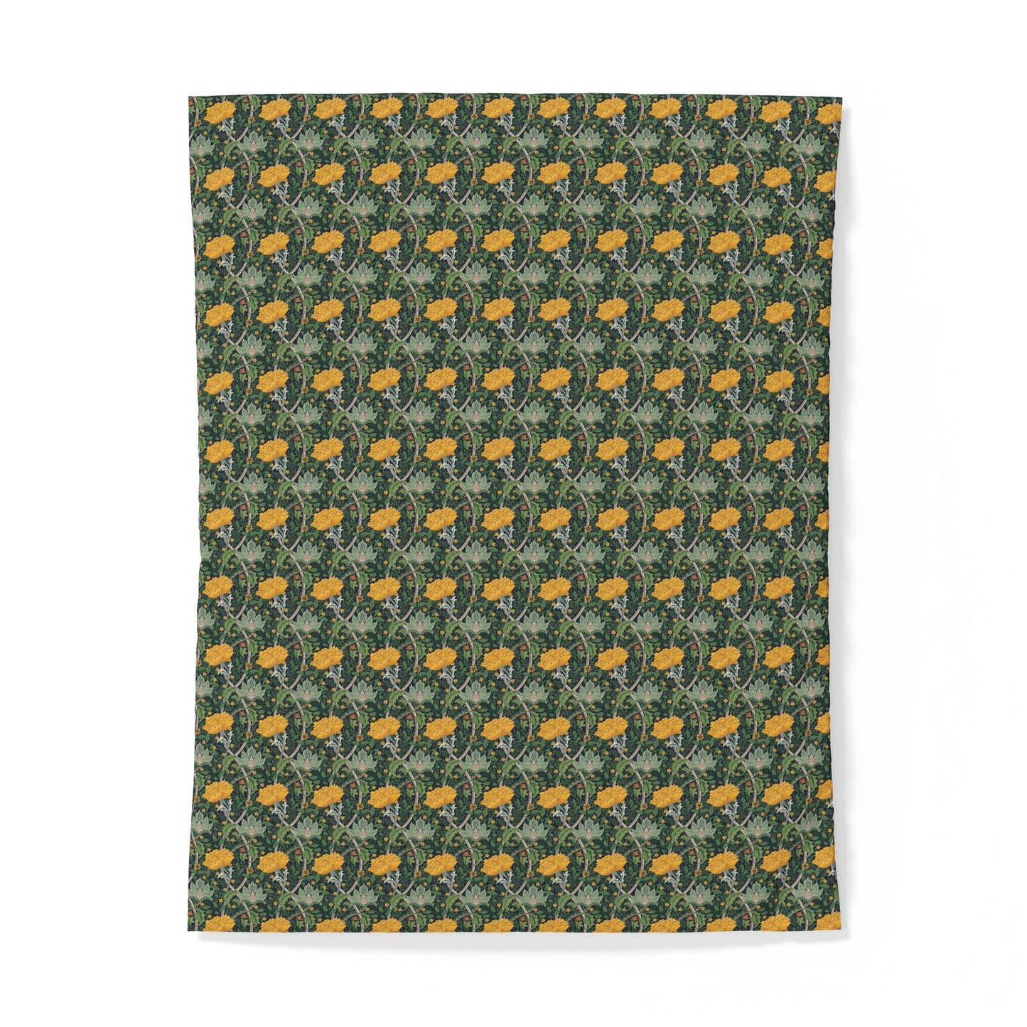 A rectangular fabric or paper sheet with a repeating floral pattern, featuring yellow-orange flowers and green leaves on a dark green background, shown against a plain white background.
