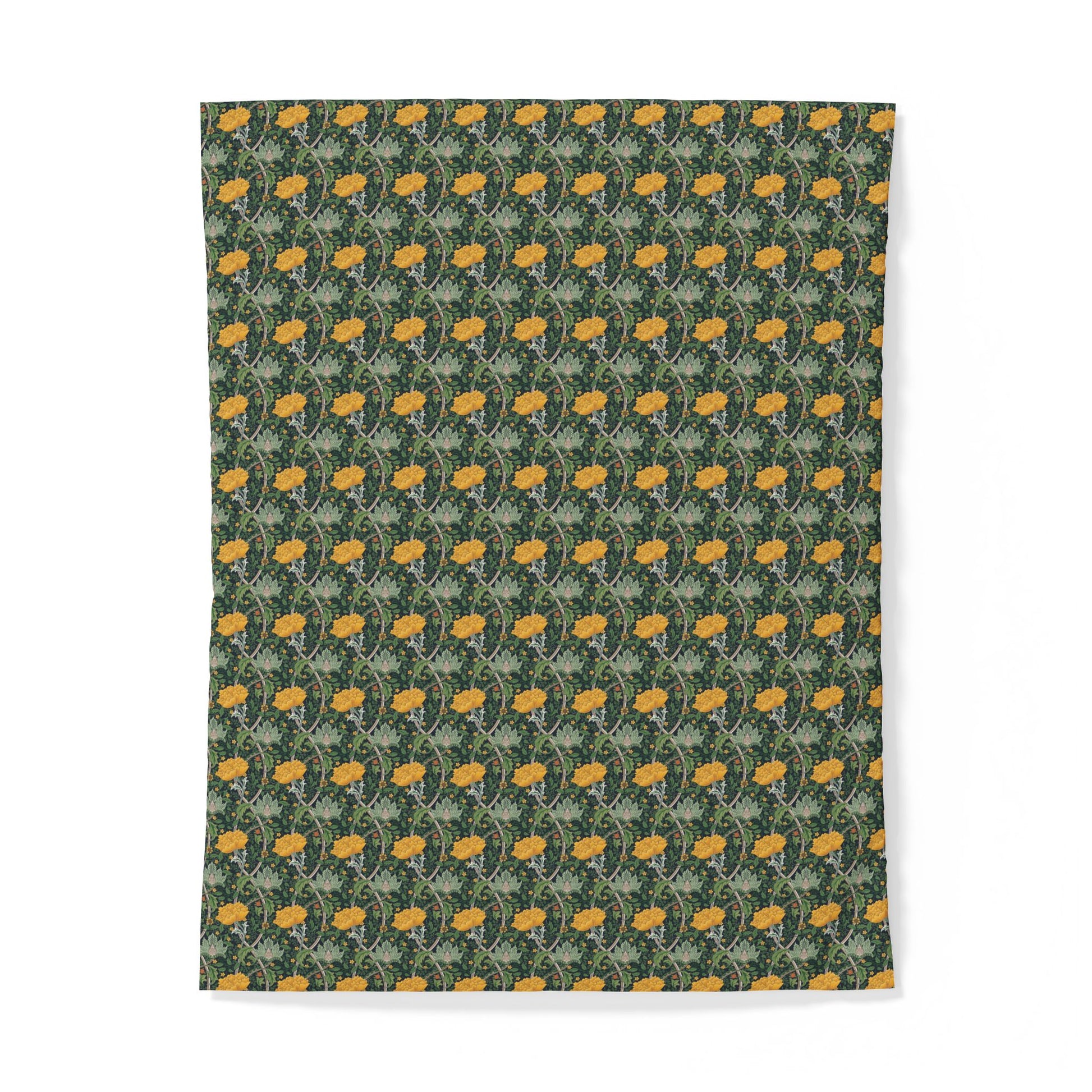 A rectangular fabric or paper sheet with a repeating floral pattern, featuring yellow-orange flowers and green leaves on a dark green background, shown against a plain white background.