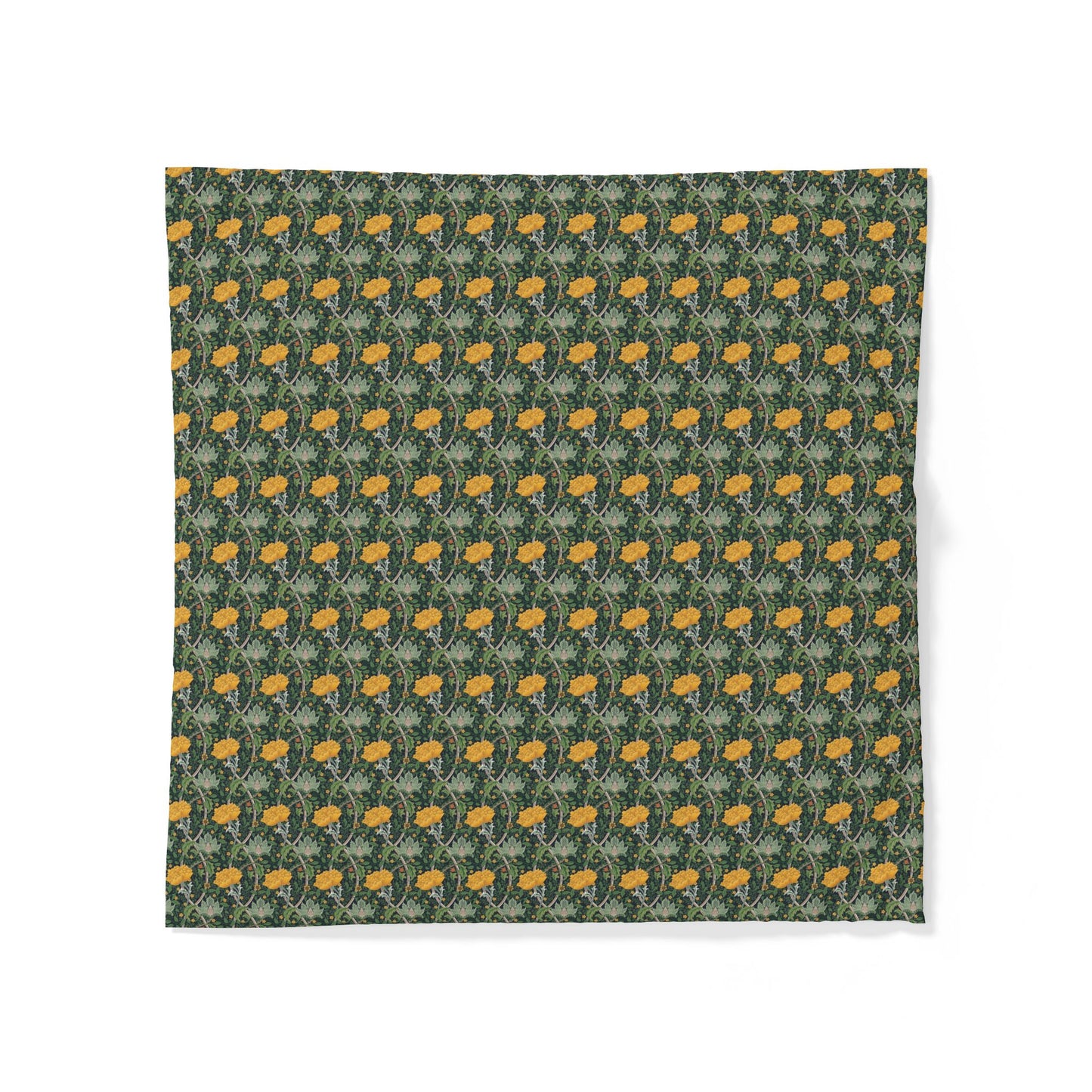 A square fabric bandana featuring a repeating William Morris-style floral pattern of yellow flowers and green leaves on a dark forest green background, displayed flat against a white background.