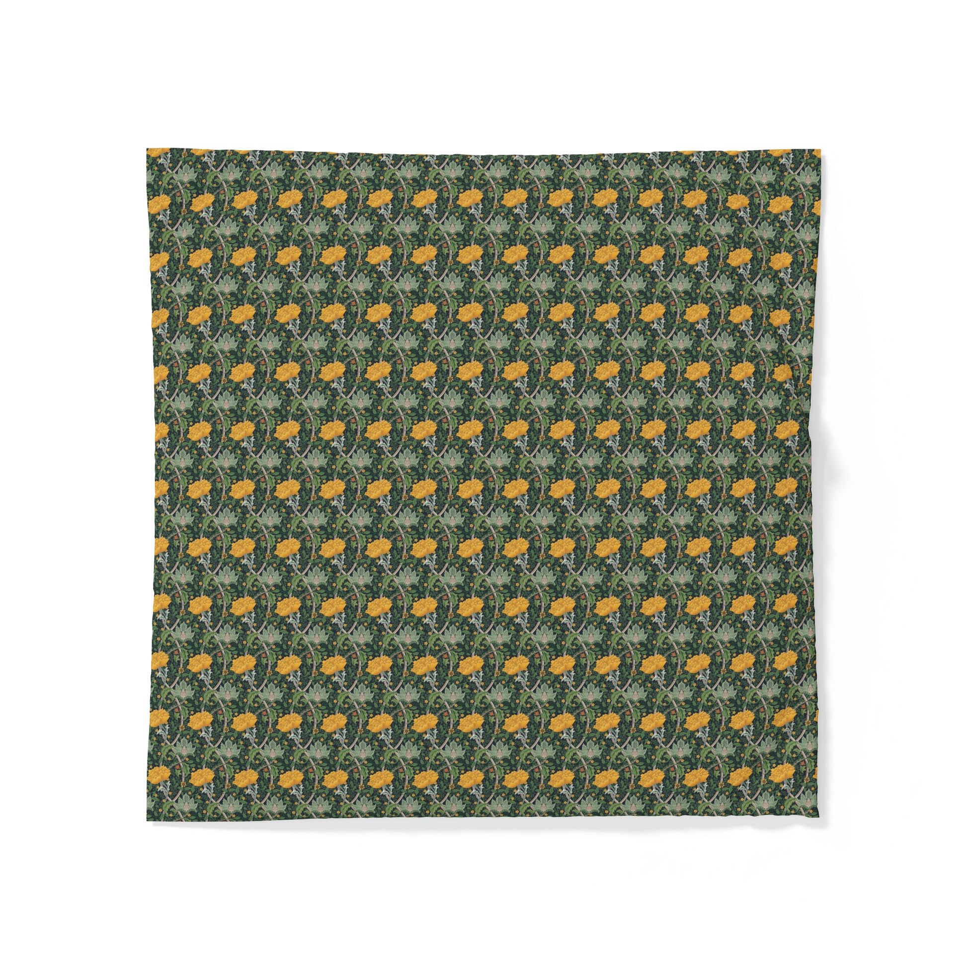 A square fabric bandana featuring a repeating William Morris-style floral pattern of yellow flowers and green leaves on a dark forest green background, displayed flat against a white background.