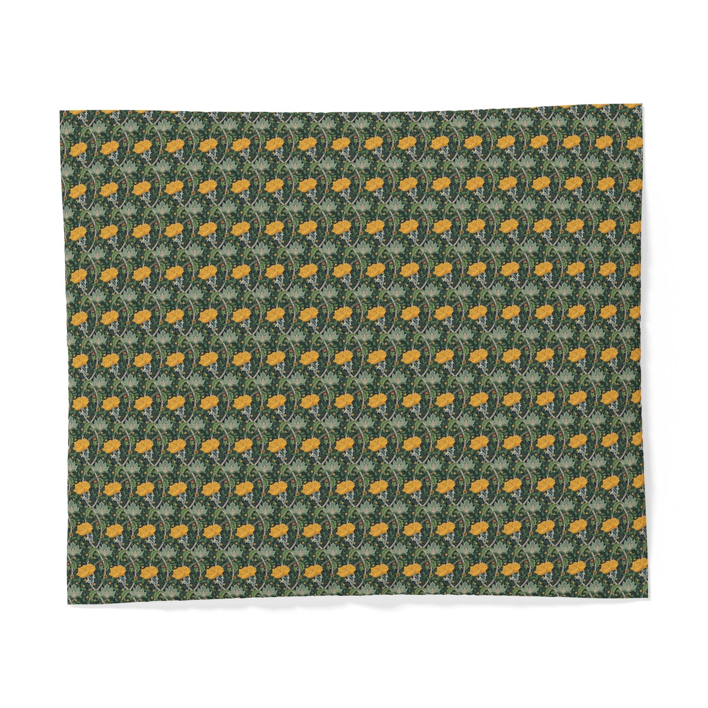 A square fabric item, likely a napkin or small tablecloth, featuring a repeating William Morris-style floral pattern in dark green, sage, and yellow, displayed flat against a white background.