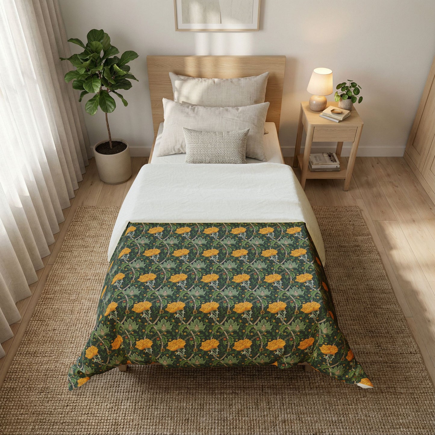 A styled bedroom scene showing a bed with a green damask-patterned comforter featuring yellow floral motifs, styled with white bedding, pillows, a wooden headboard, a bedside table with a lamp, and a potted plant.