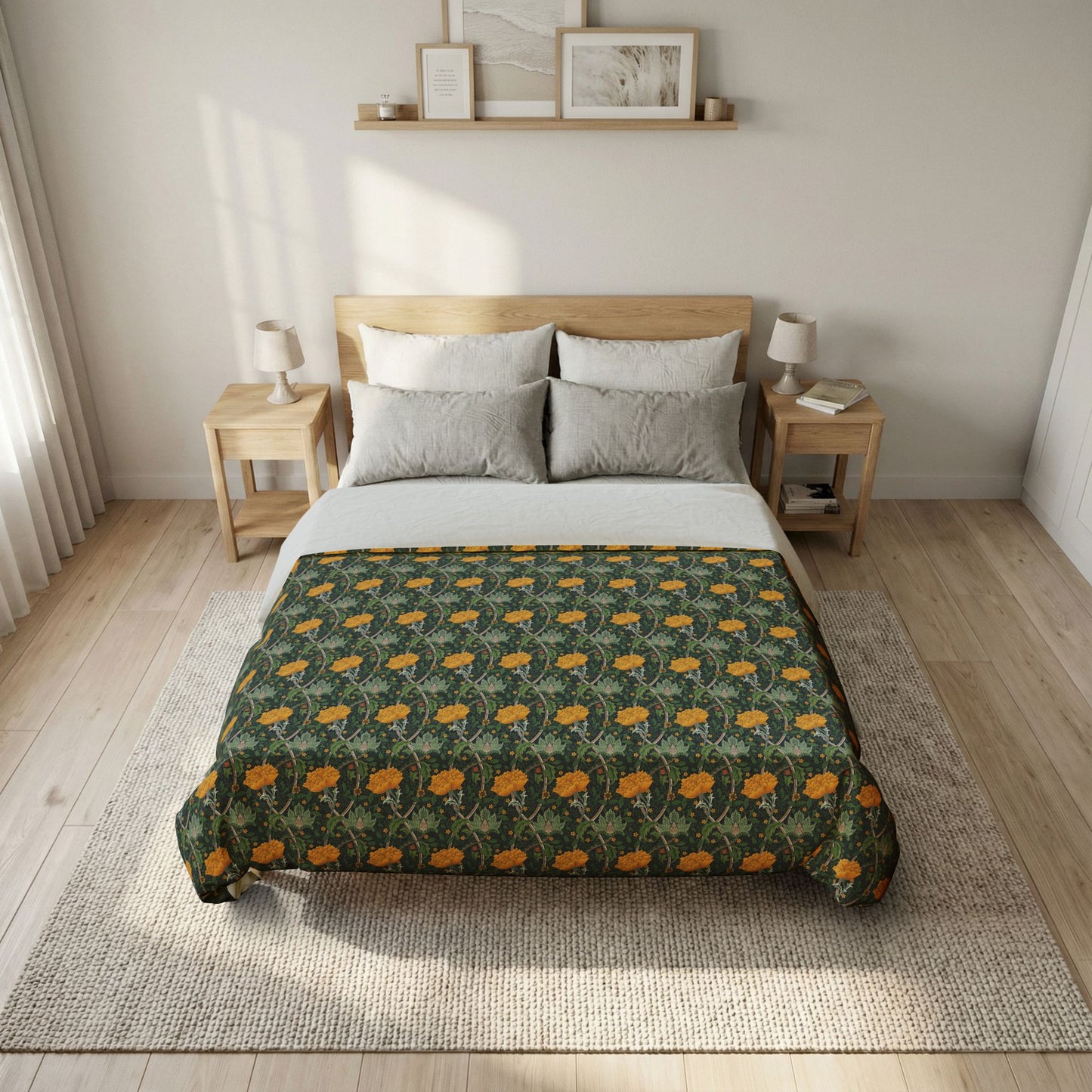 Bedroom with floral-patterned comforter on a bed, wooden nightstands, and framed pictures on the wall.