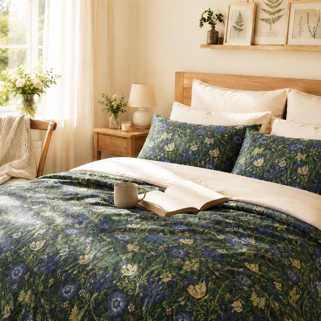 Cotton Duvet Cover in a floral patters by William Morris & Co called Compton Collection (Bluebell Cottage) in beige, blue and green