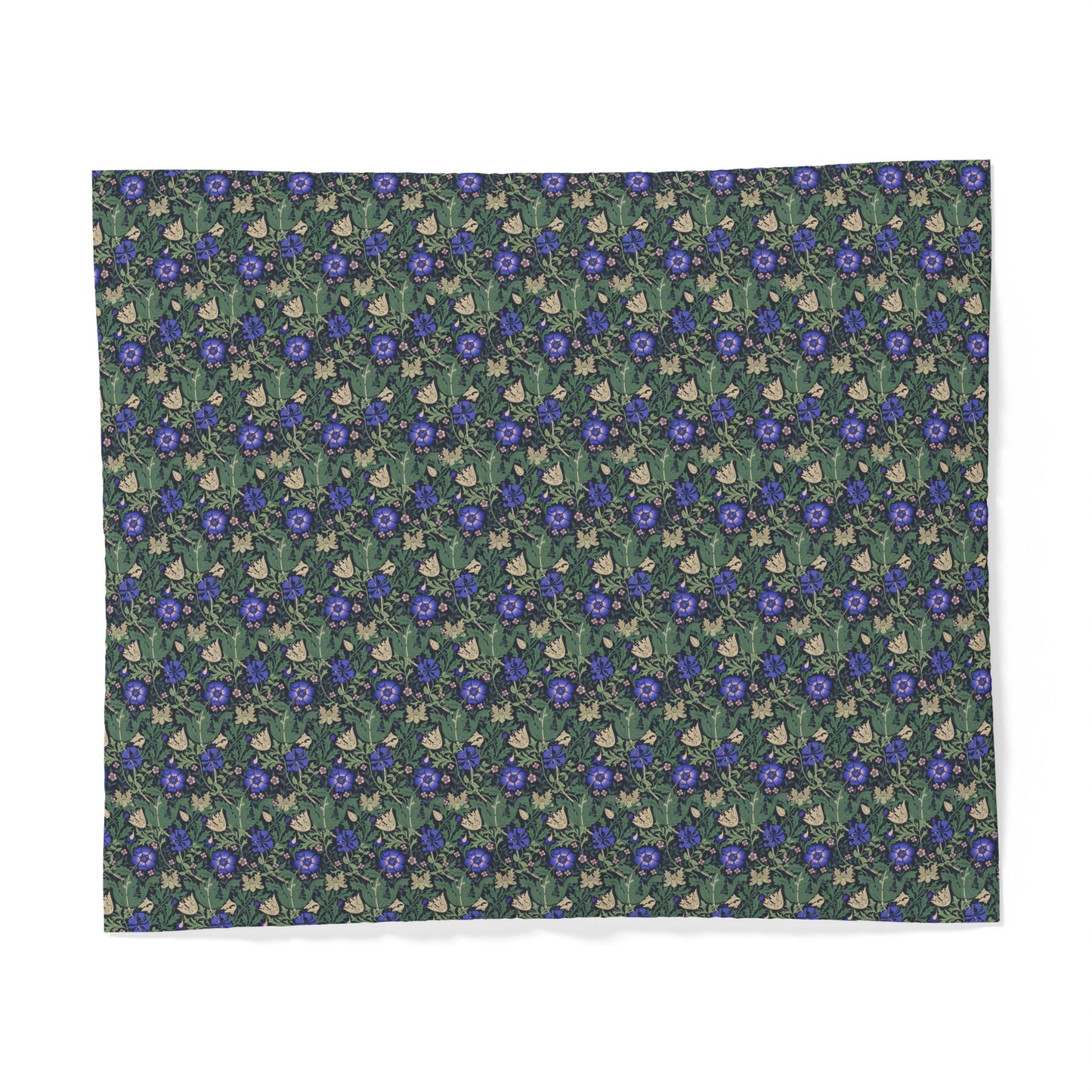 Floral patterned fabric with blue flowers on a green background