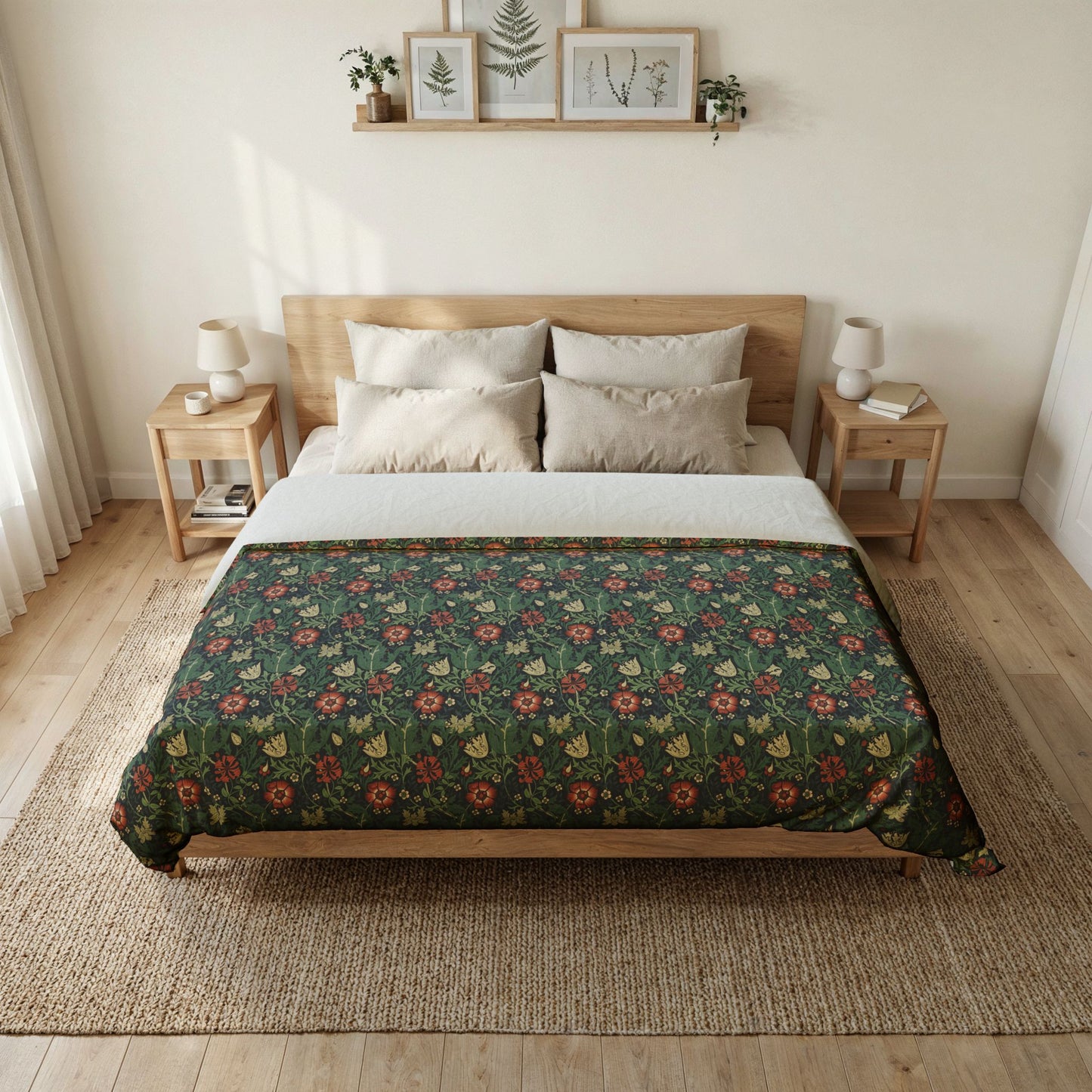 Bedroom with floral duvet and wooden headboard
