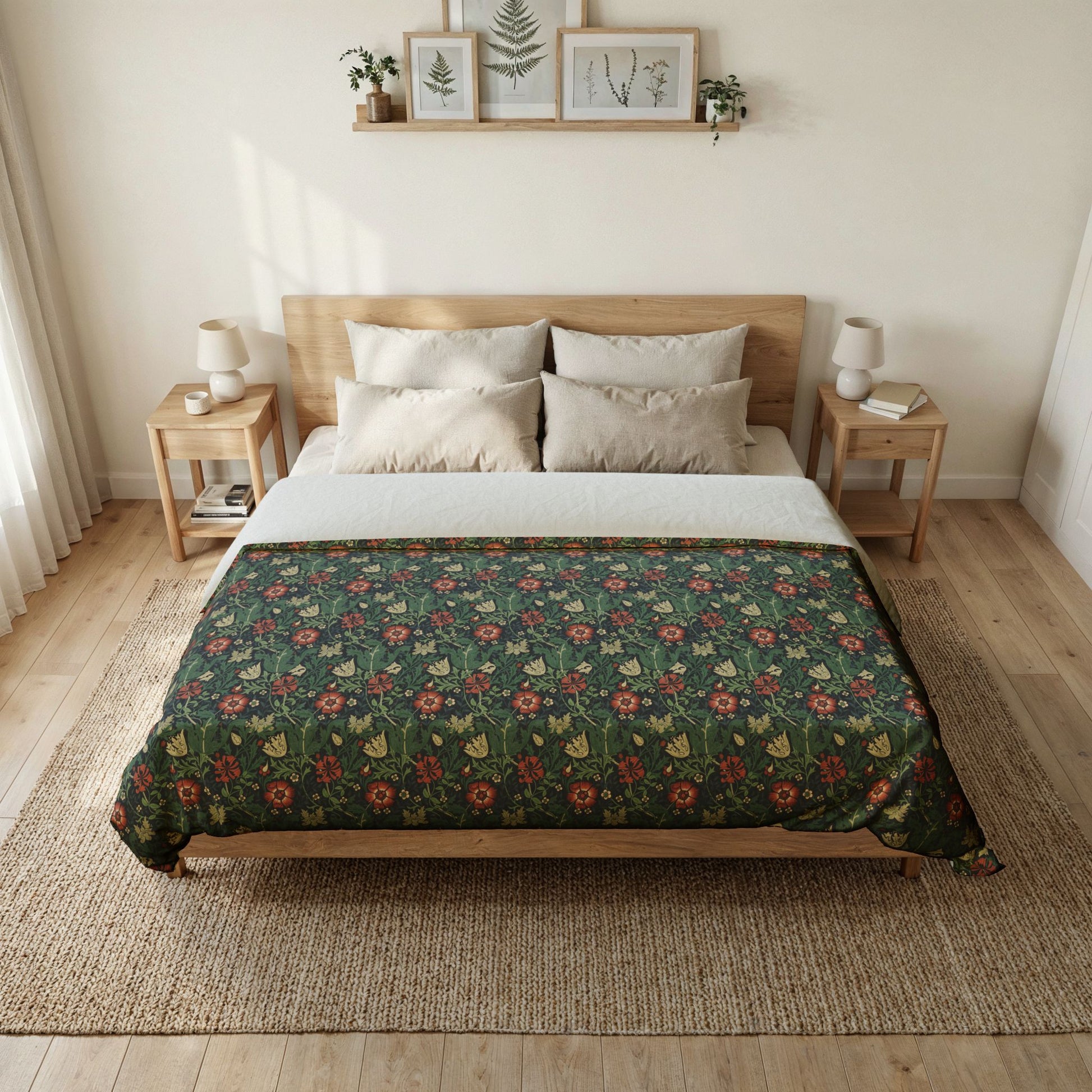 Bedroom with floral duvet and wooden headboard