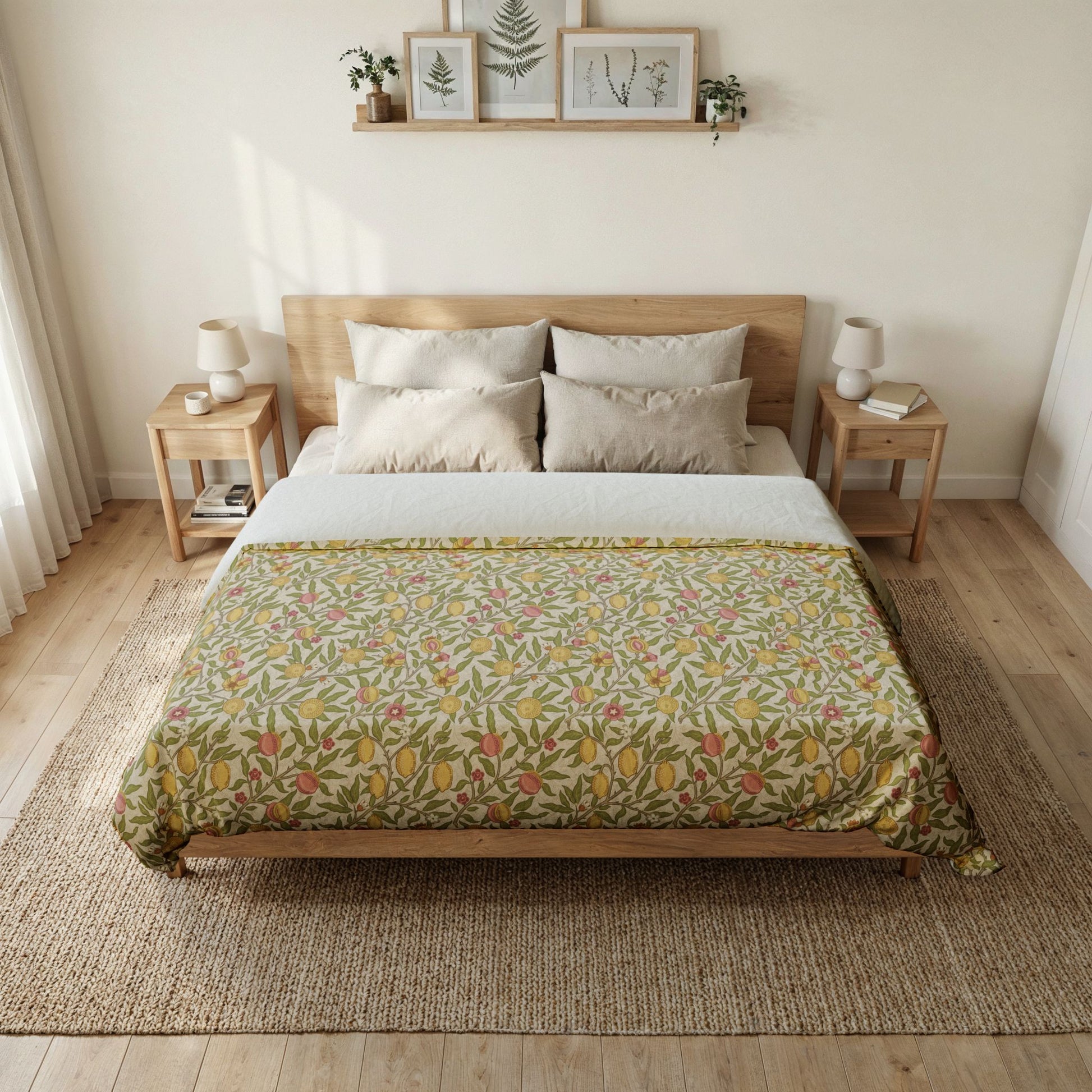 Bedroom with a wooden bed, floral comforter, and side tables.
