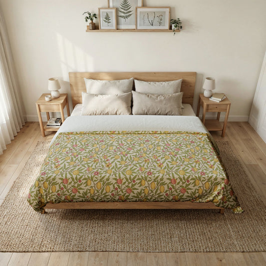 Bedroom with a wooden bed, floral comforter, and side tables.