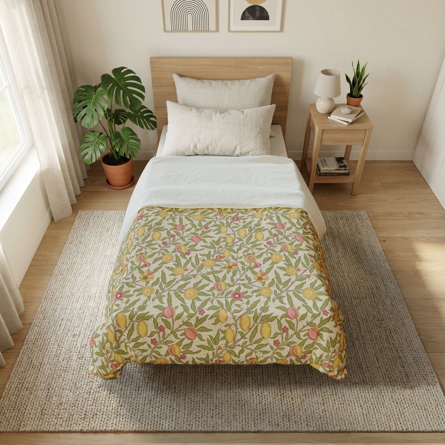 Bedroom with floral comforter on bed, side table, and plants