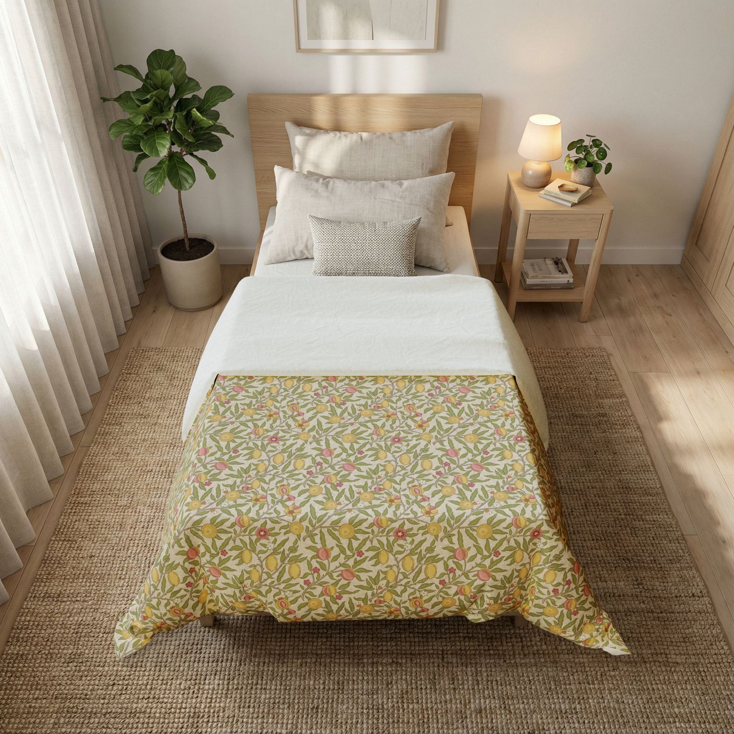 Bedroom with floral-patterned bedspread, nightstand, and plant
