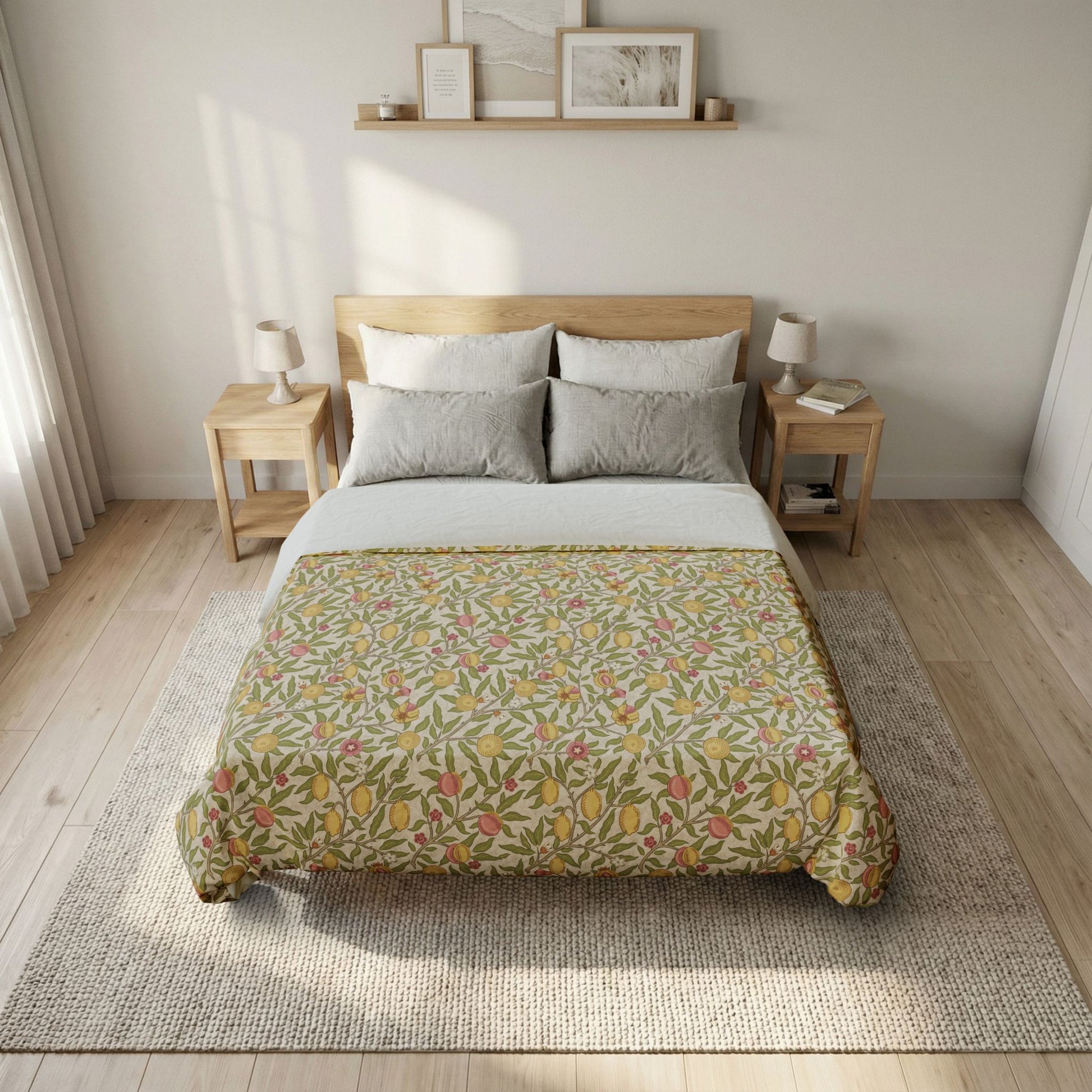 Bedroom with floral-patterned bedspread on a bed, wooden nightstands, and framed pictures on the wall.