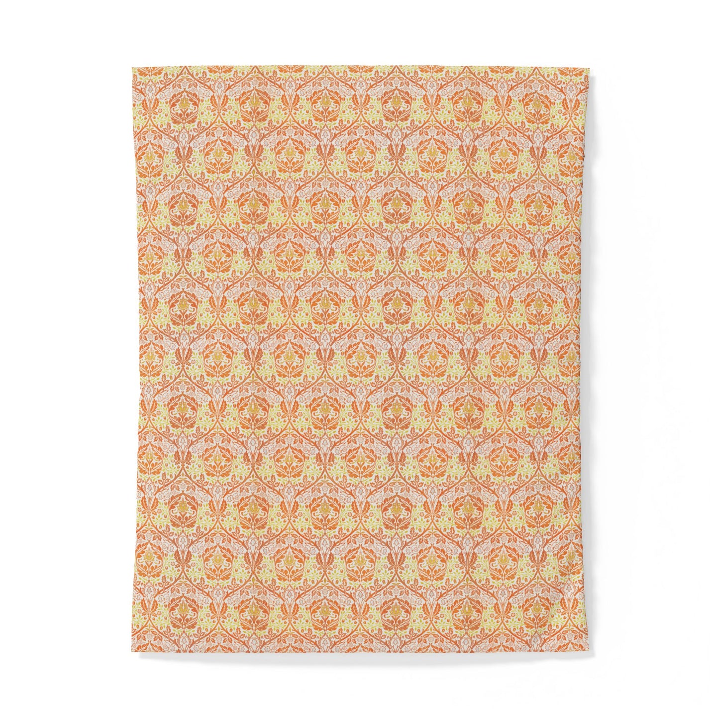 A rectangular fabric item, likely a towel or blanket, featuring an intricate repeating damask pattern in warm tones of orange, yellow, and soft pink on a light beige background.