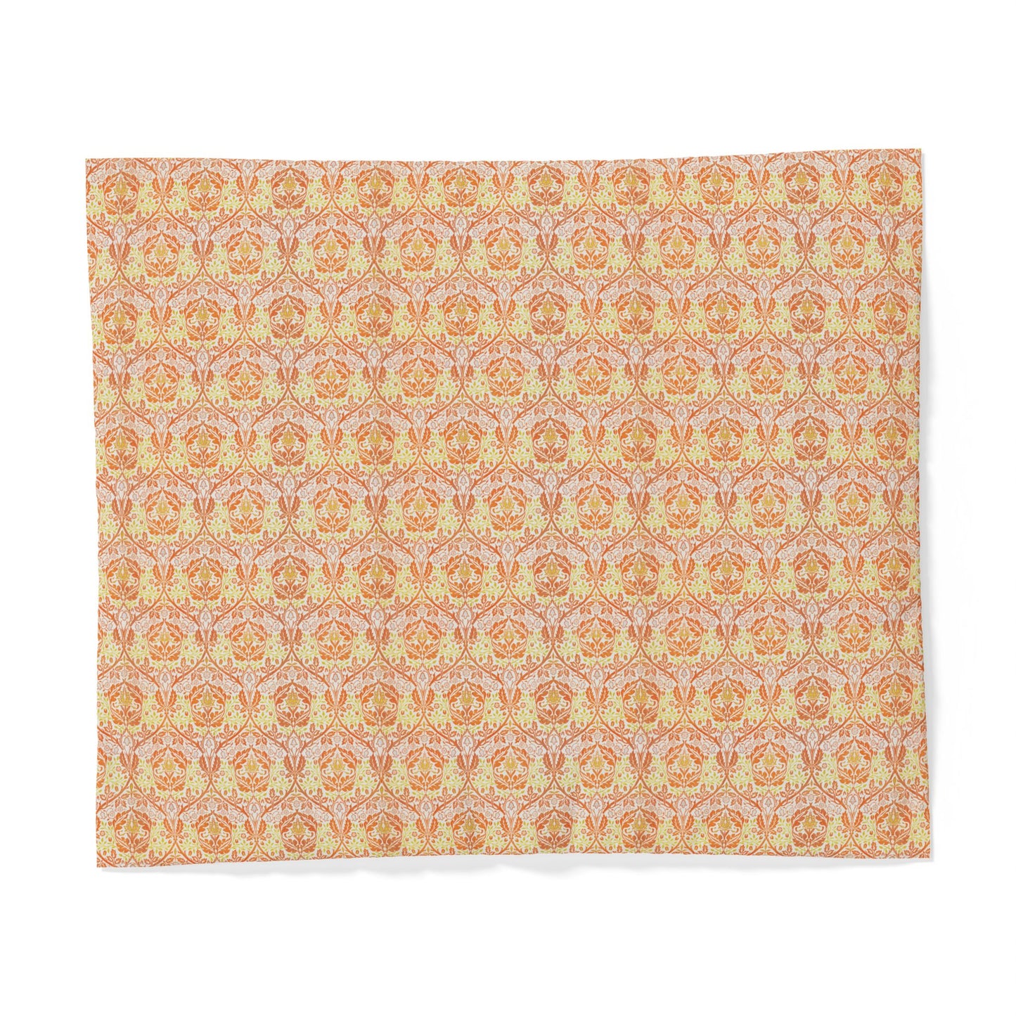 A square fabric placemat featuring a repeating ornate damask pattern in warm peach, orange, and pale yellow tones on a light pinkish-beige background, shown flat against a white background.