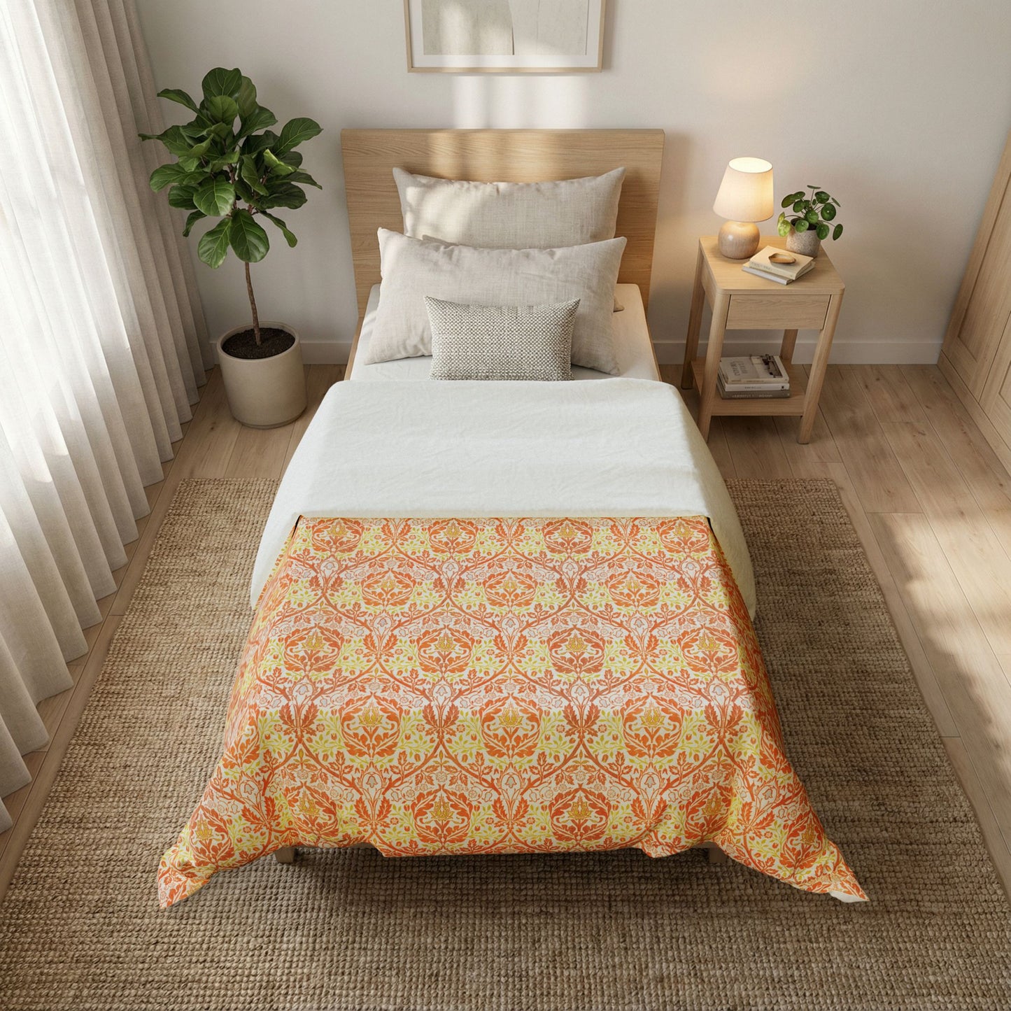 A neatly made bed in a bright bedroom, featuring a patterned comforter in orange, yellow, and green tones. The room includes a wooden headboard, neutral pillows, a bedside table with a lamp, a potted plant, and a woven rug.