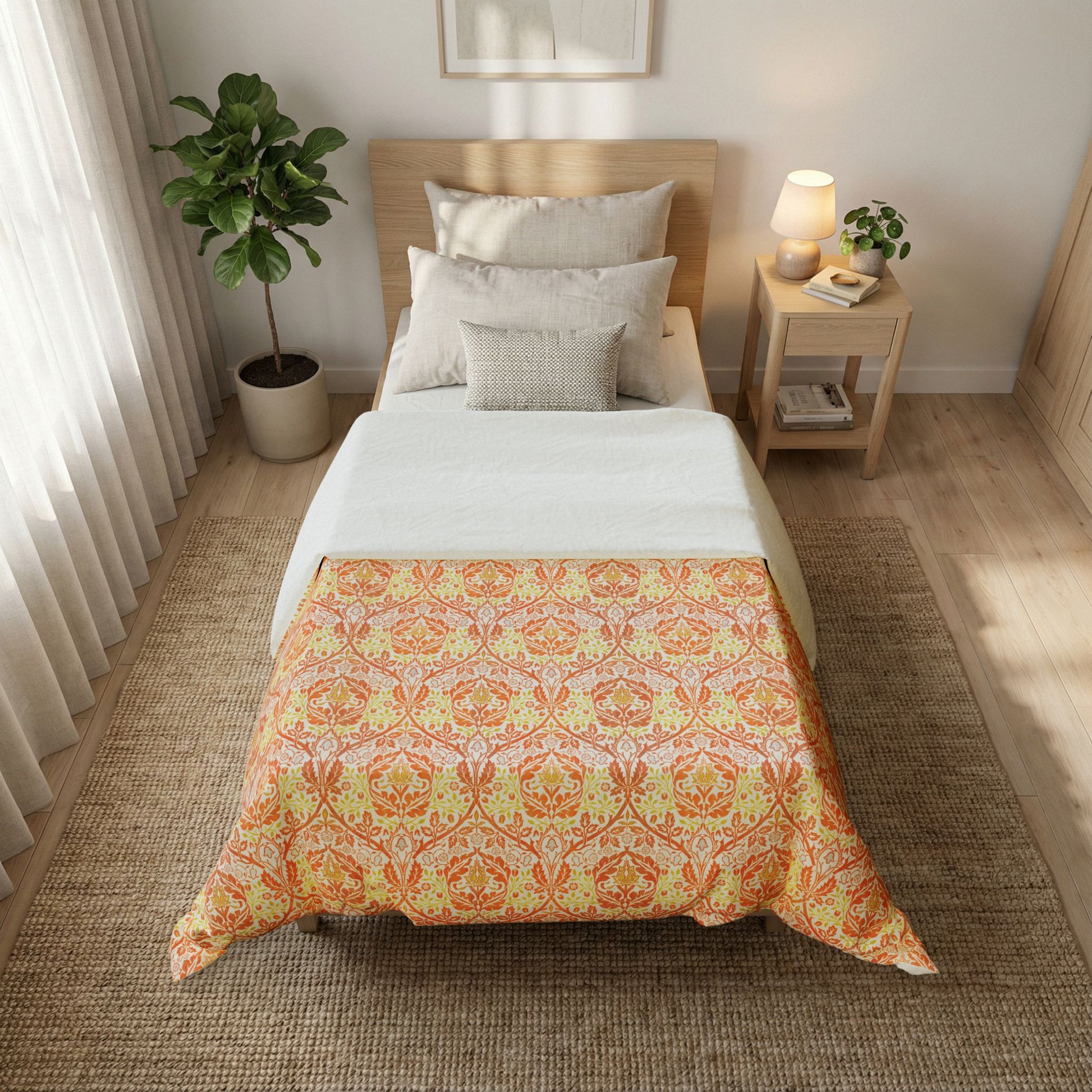 A neatly made bed in a bright bedroom, featuring a patterned comforter in orange, yellow, and green tones. The room includes a wooden headboard, neutral pillows, a bedside table with a lamp, a potted plant, and a woven rug.