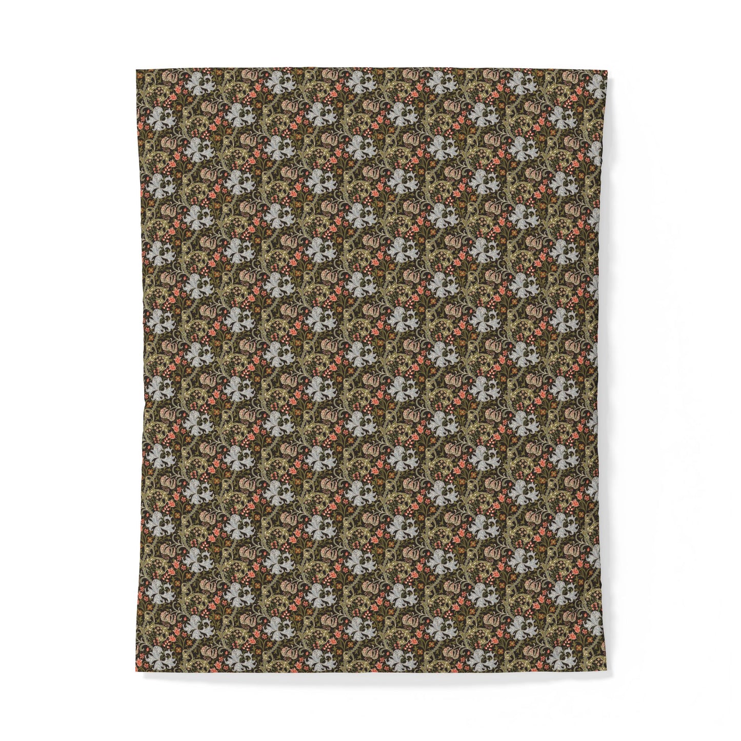 A rectangular fabric item, likely a towel or blanket, featuring a dense vintage-style floral and botanical pattern in olive green, rust red, and off-white, shown flat against a white background.