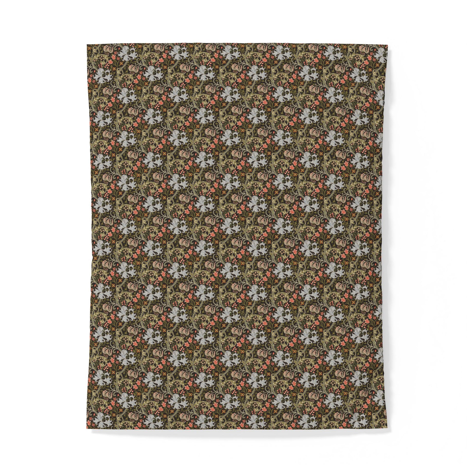 A rectangular fabric item, likely a towel or blanket, featuring a dense vintage-style floral and botanical pattern in olive green, rust red, and off-white, shown flat against a white background.