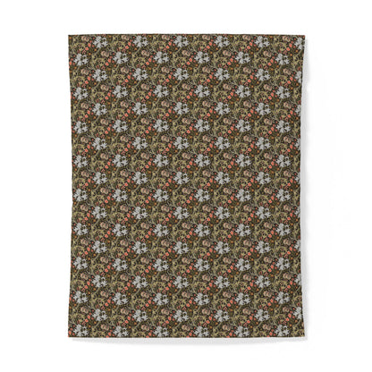 A rectangular fabric item, likely a towel or blanket, featuring a dense vintage-style floral and botanical pattern in olive green, rust red, and off-white, shown flat against a white background.