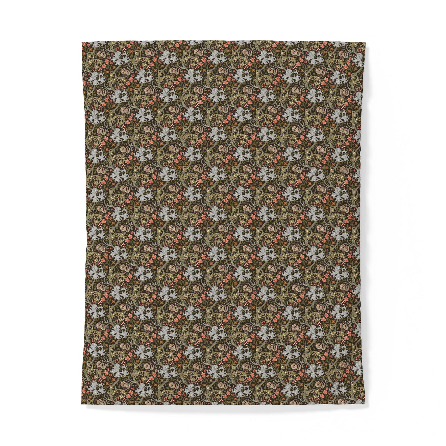 A rectangular fabric item, likely a blanket or towel, featuring a dense vintage floral pattern in olive green, rust red, and white, shown flat against a white background.