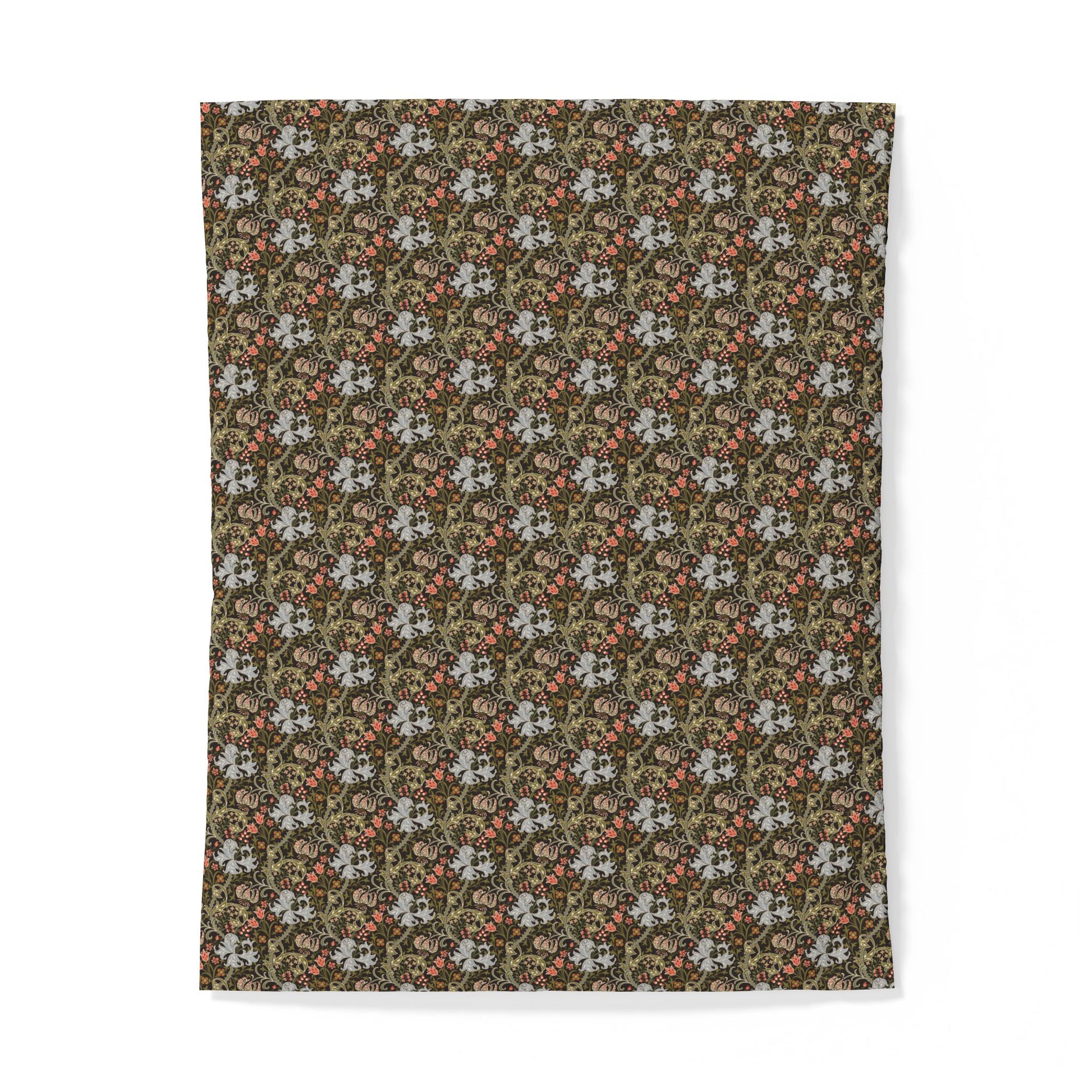 A rectangular fabric item, likely a blanket or towel, featuring a dense vintage floral pattern in olive green, rust red, and white, shown flat against a white background.