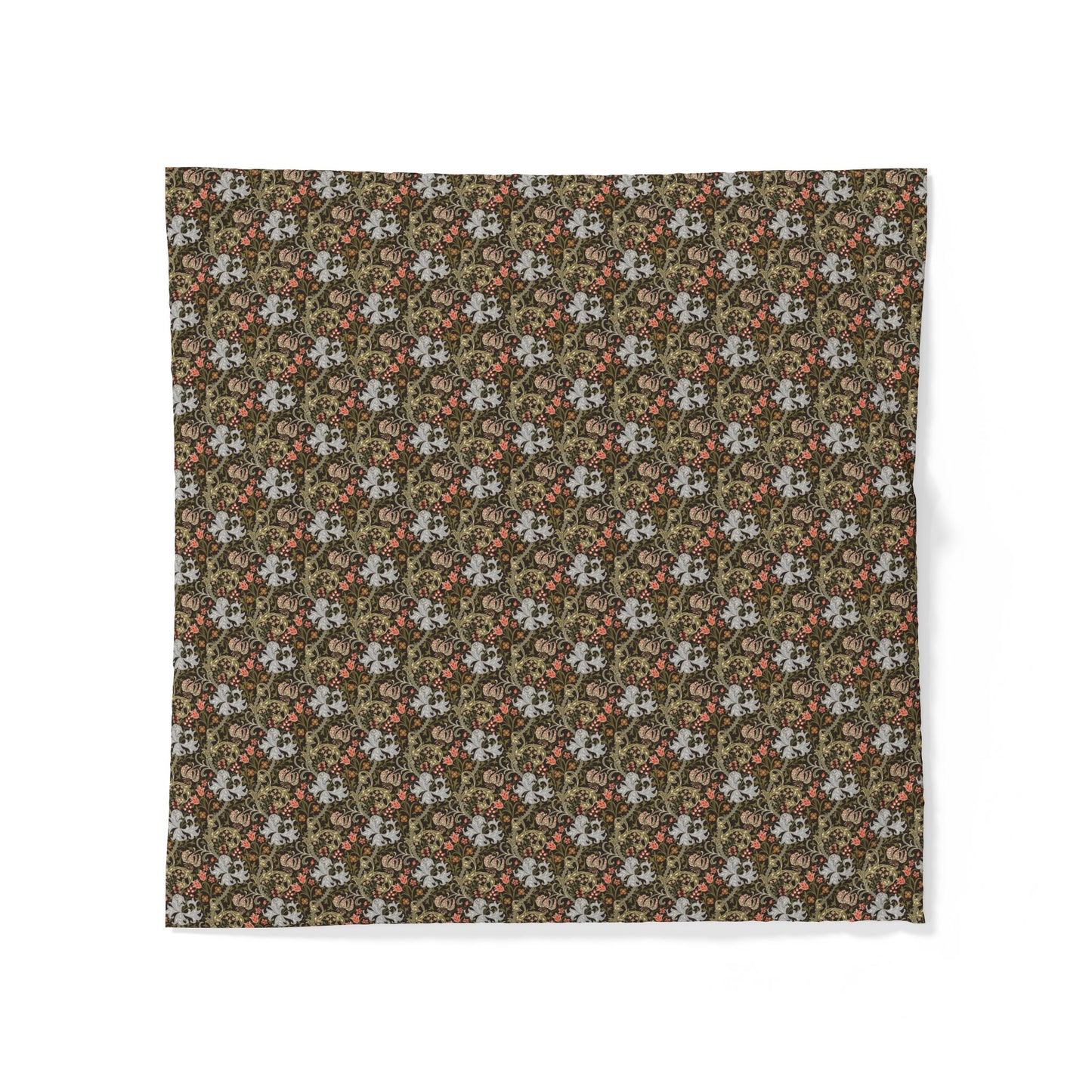 A square fabric item, likely a bandana or scarf, featuring a dense vintage-style floral pattern in olive green, brown, and muted red on a white background.