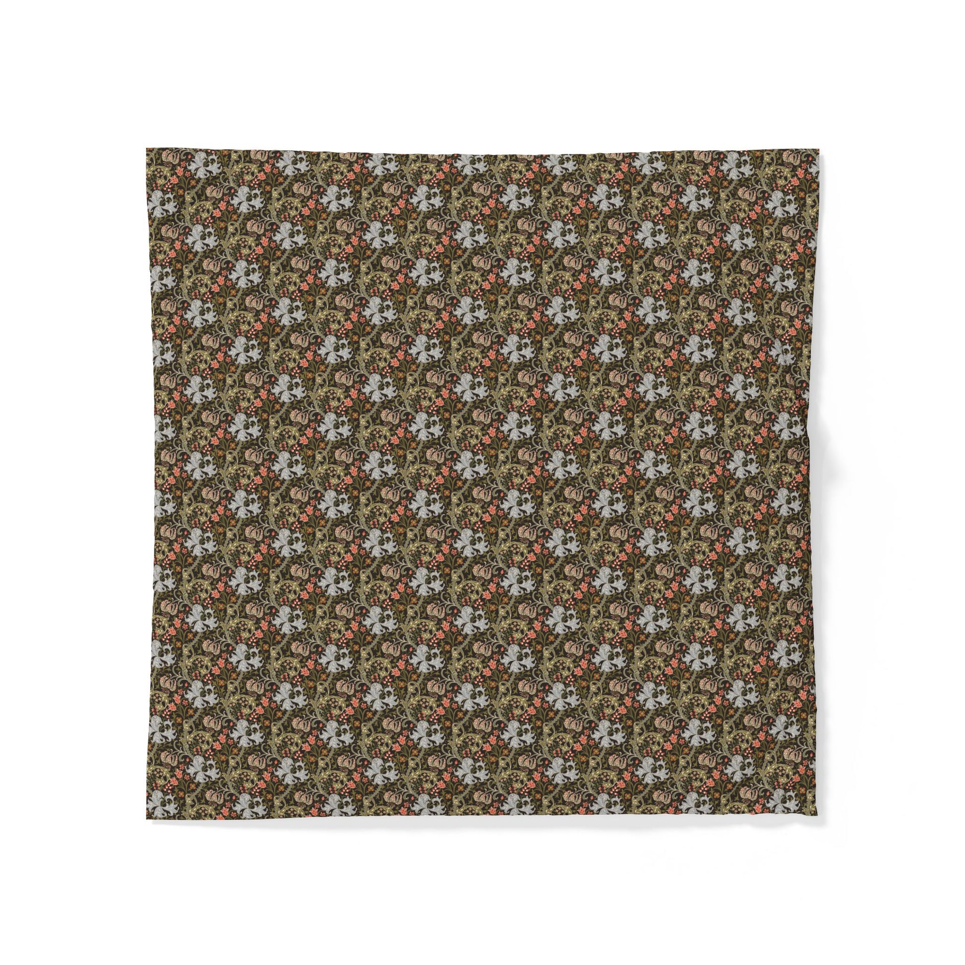 A square fabric item, likely a bandana or scarf, featuring a dense vintage-style floral pattern in olive green, brown, and muted red on a white background.