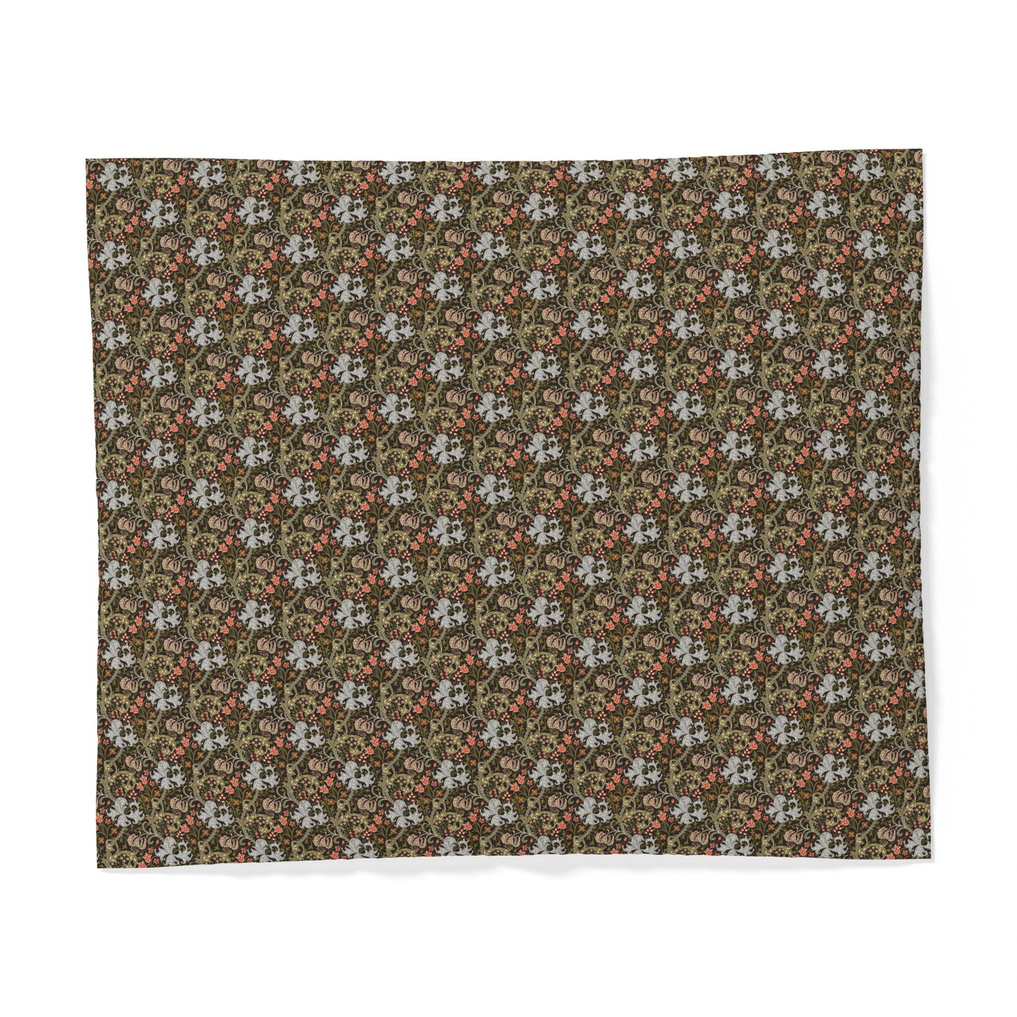 A square fabric sample or tapestry featuring a dense, repeating floral and botanical pattern in olive green, dusty red, and off-white, displayed flat against a clean white background.