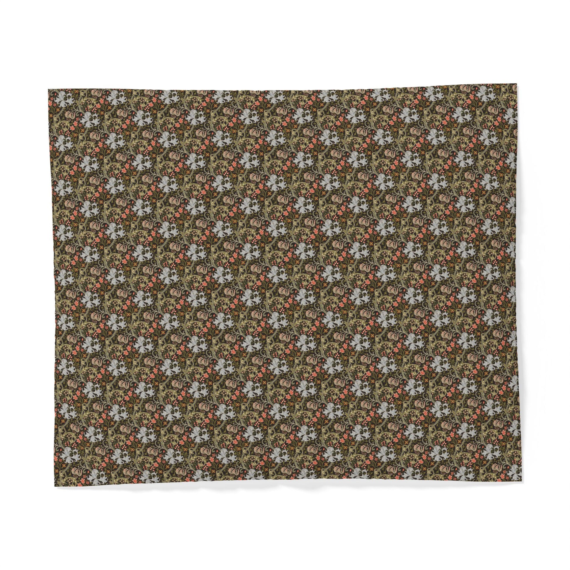 A square fabric sample or tapestry featuring a dense, repeating floral and botanical pattern in olive green, dusty red, and off-white, displayed flat against a clean white background.
