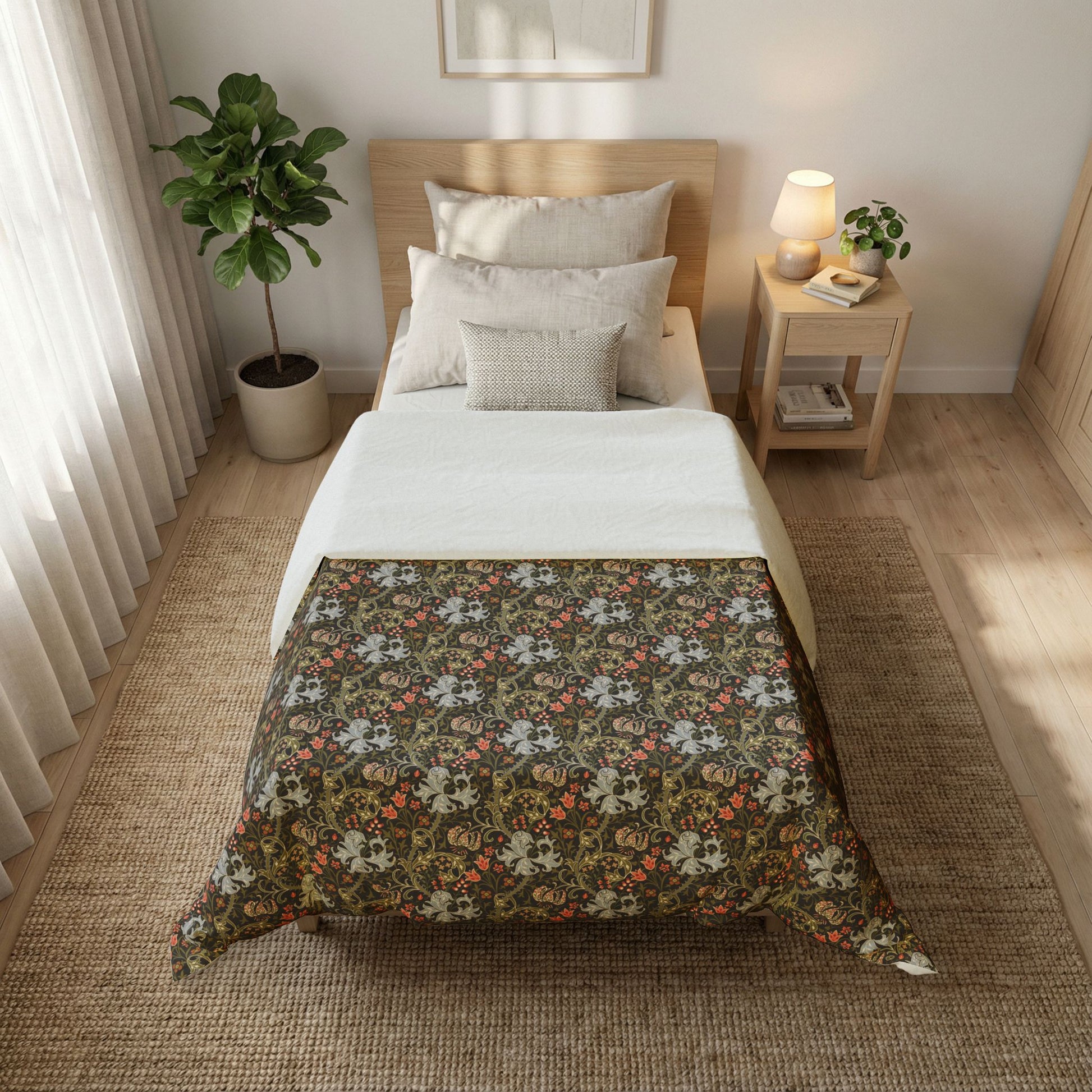 Bedroom with floral comforter, nightstand, and plant