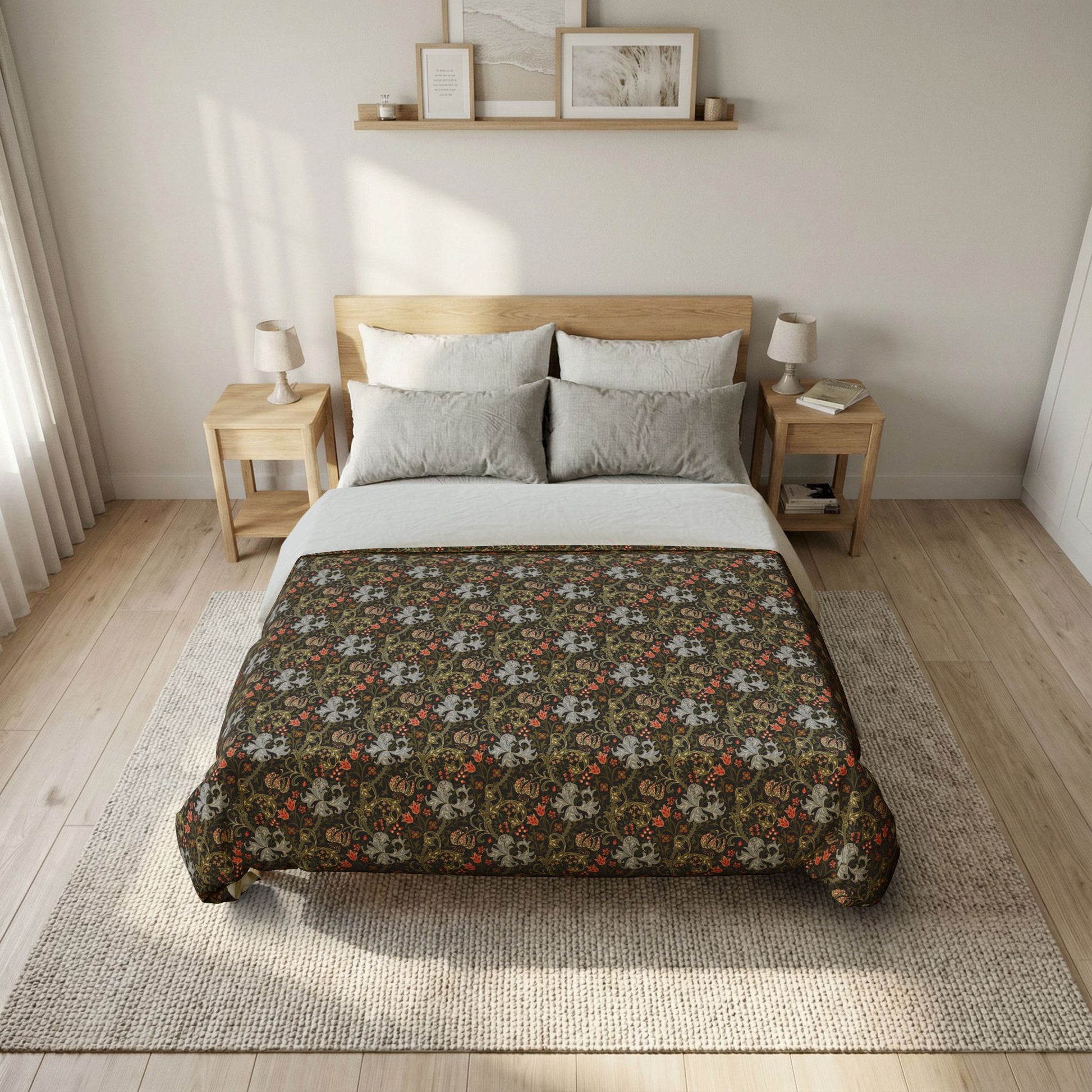 Bedroom with floral-patterned comforter on a bed, wooden nightstands, and framed pictures on the wall.
