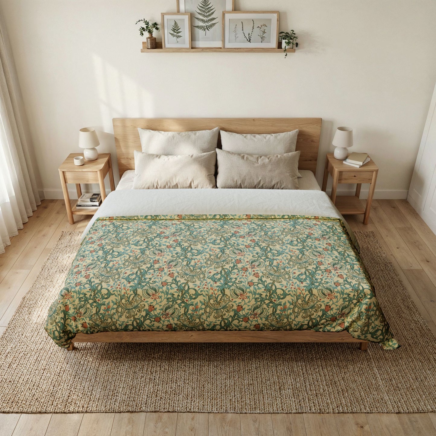 A neatly made bed in a bright, minimalist bedroom, featuring a green and beige floral patterned comforter, white sheets, and a light wood bed frame.