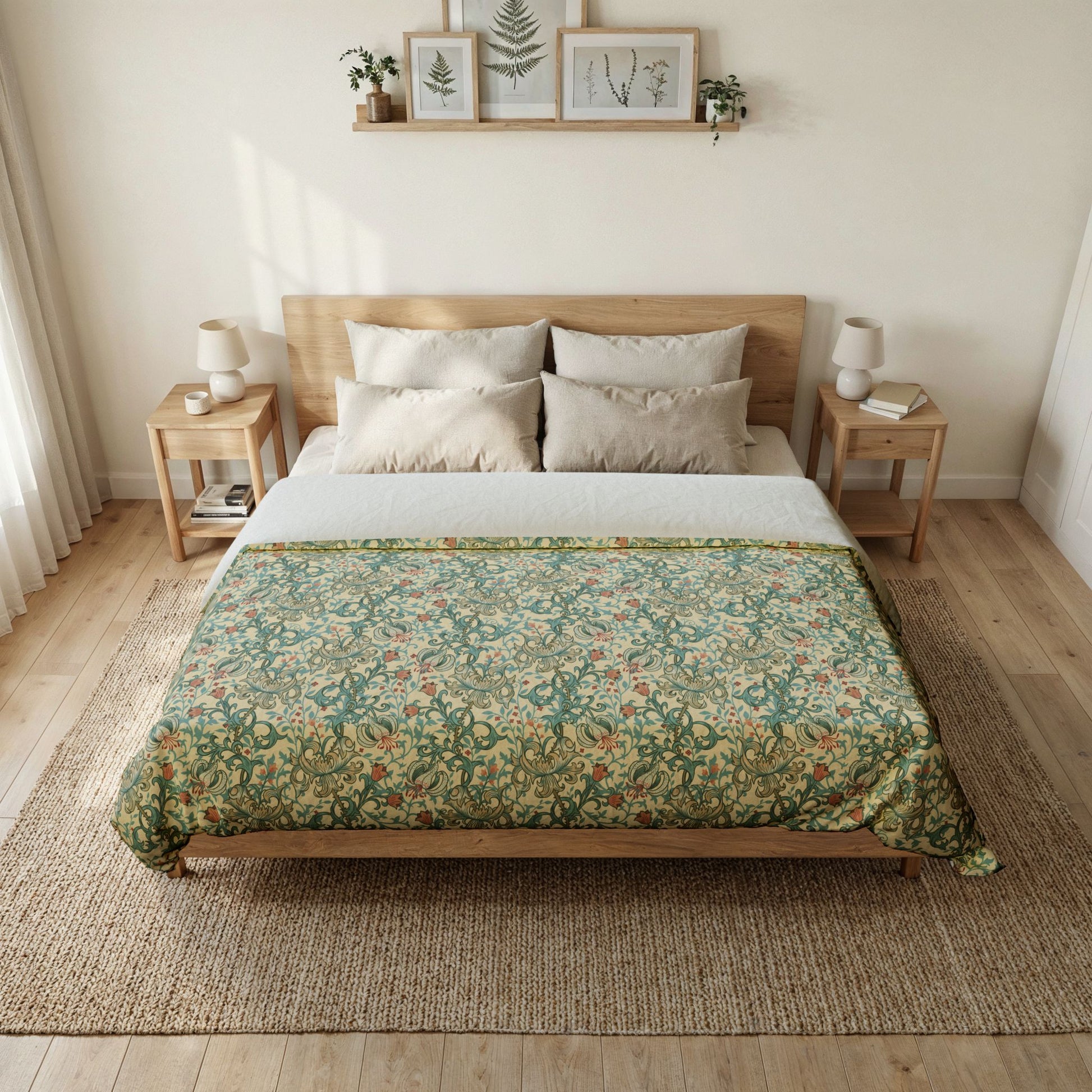 A neatly made bed in a bright, minimalist bedroom, featuring a green and beige floral patterned comforter, white sheets, and a light wood bed frame.