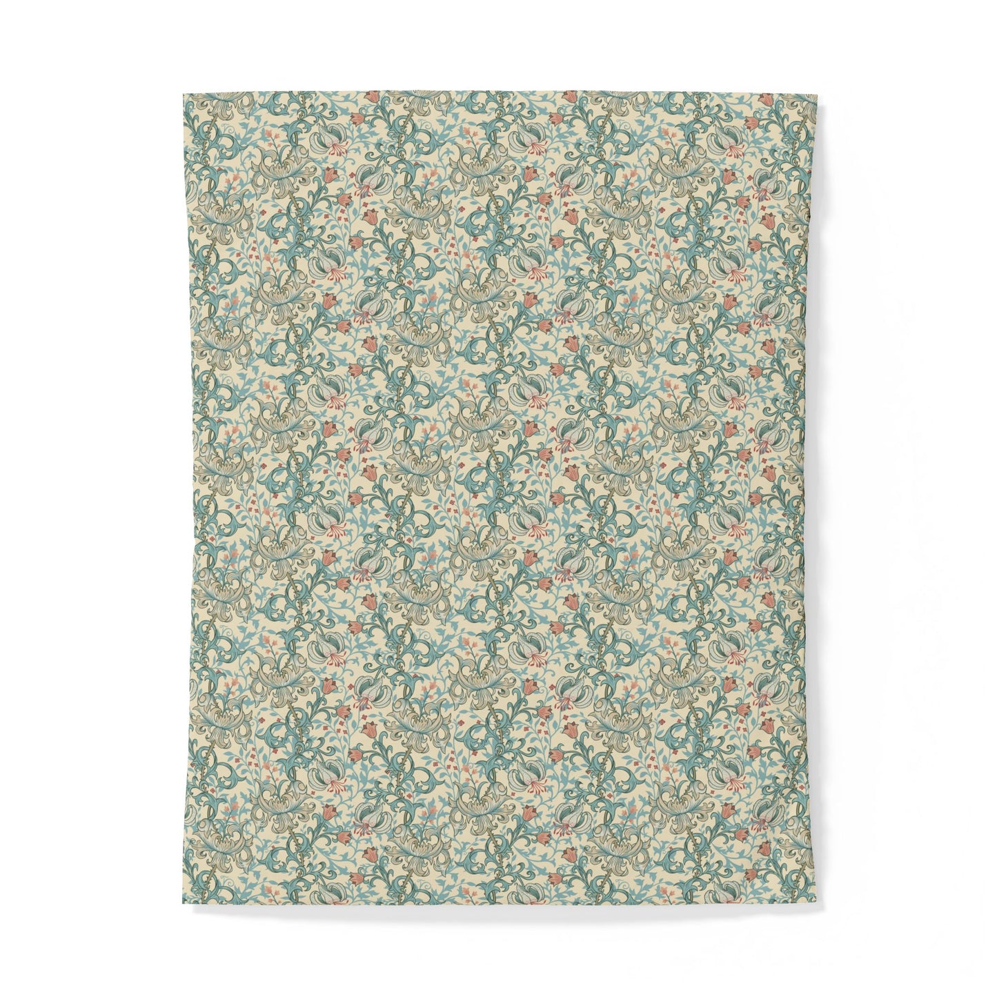 A rectangular textile item, likely a blanket or throw, featuring a dense vintage-style floral and botanical pattern in muted teal, sage green, dusty pink, and cream on a white background.