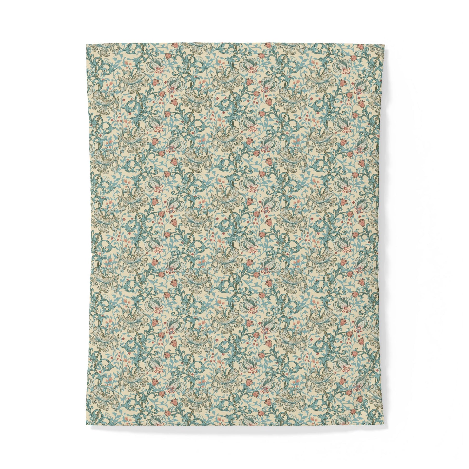 A rectangular textile item, likely a blanket or throw, featuring a dense vintage-style floral and botanical pattern in muted teal, sage green, dusty pink, and cream on a white background.