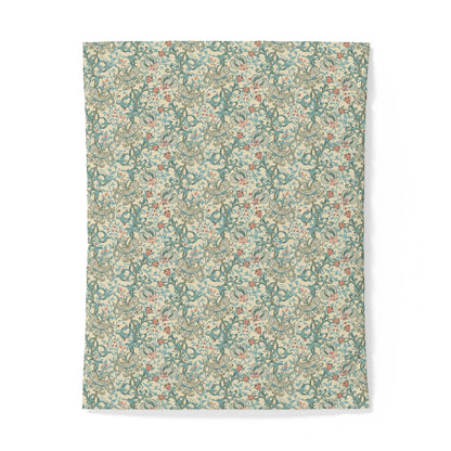A rectangular textile item, likely a blanket or throw, featuring a dense vintage-style floral and botanical pattern in muted teal, sage green, dusty pink, and cream on a white background.