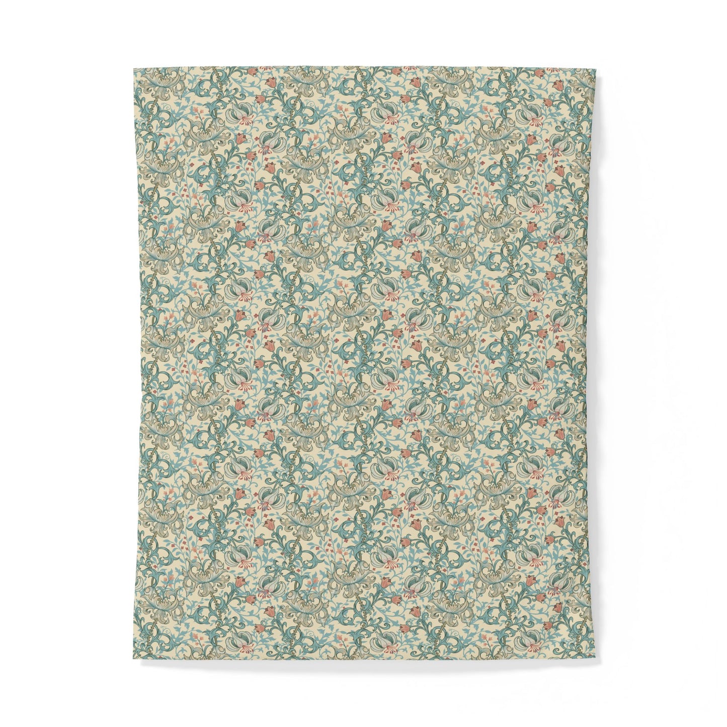 A rectangular textile item, likely a towel or blanket, featuring an intricate vintage-style floral and botanical pattern in muted teal, sage green, beige, and soft rust red on a light cream background.