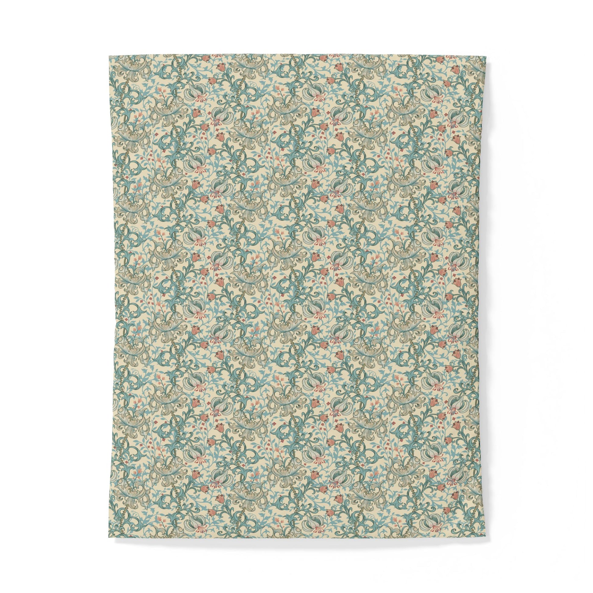 A rectangular textile item, likely a towel or blanket, featuring an intricate vintage-style floral and botanical pattern in muted teal, sage green, beige, and soft rust red on a light cream background.