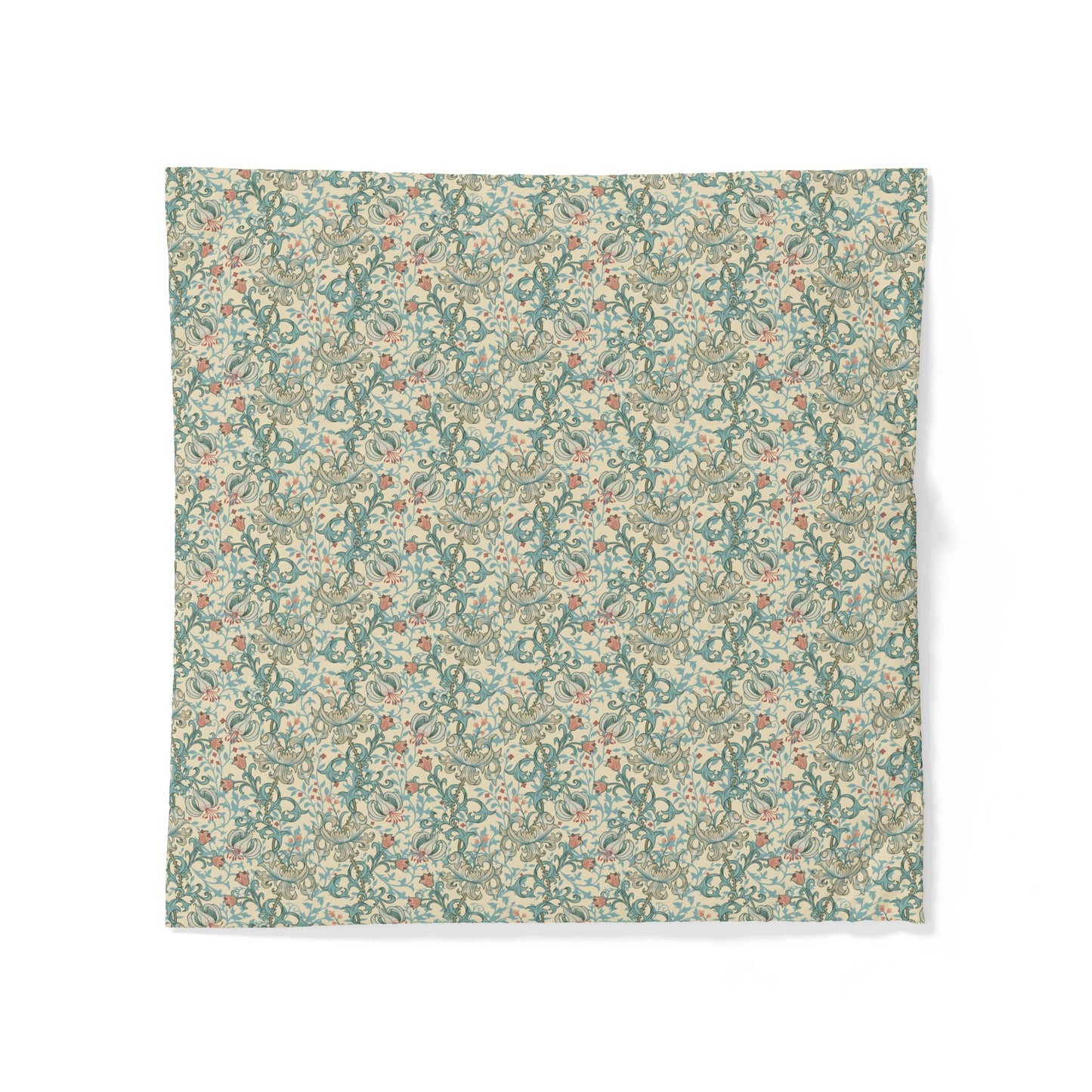 A square fabric bandana featuring a dense, vintage-style floral and botanical pattern in muted teal, sage green, beige, and soft rust orange, displayed flat against a clean white background.